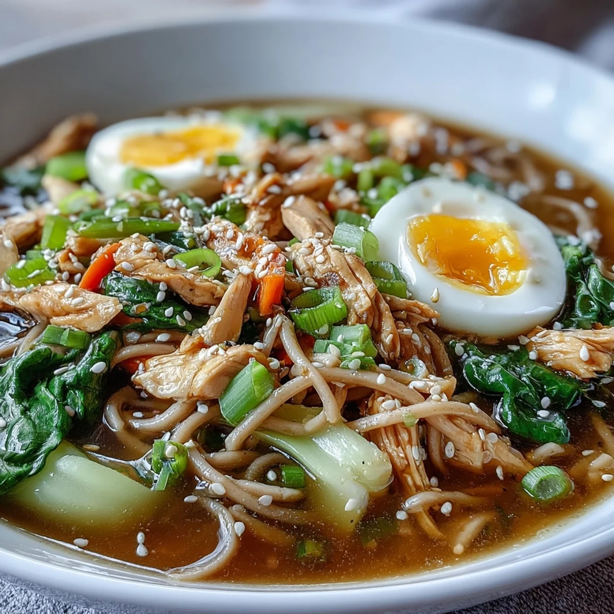 Steaming Healthy Miso Chicken Noodle Bowls with soft-boiled eggs, sliced chicken, and vibrant bok choy in savory broth.