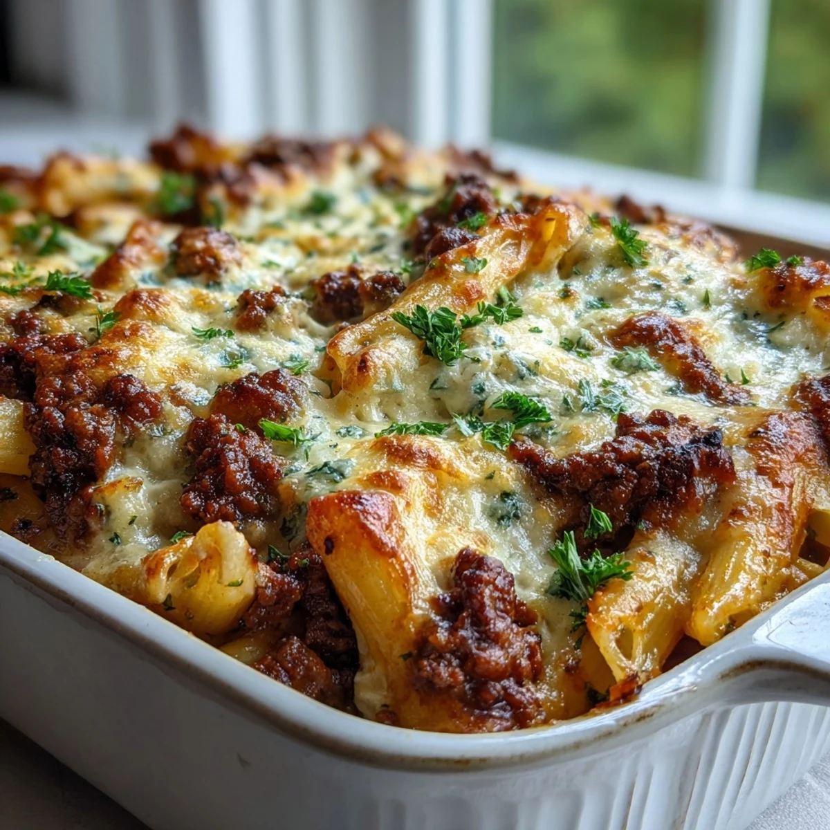 Freshly baked Cottage Cheese Protein Pasta Bake with ground beef, golden mozzarella, and fresh parsley garnish on a table.