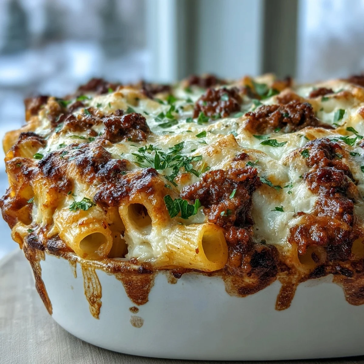 Golden bubbling Cottage Cheese Protein Pasta Bake with ground beef, creamy cottage cheese, and rich tomato sauce in a dish.