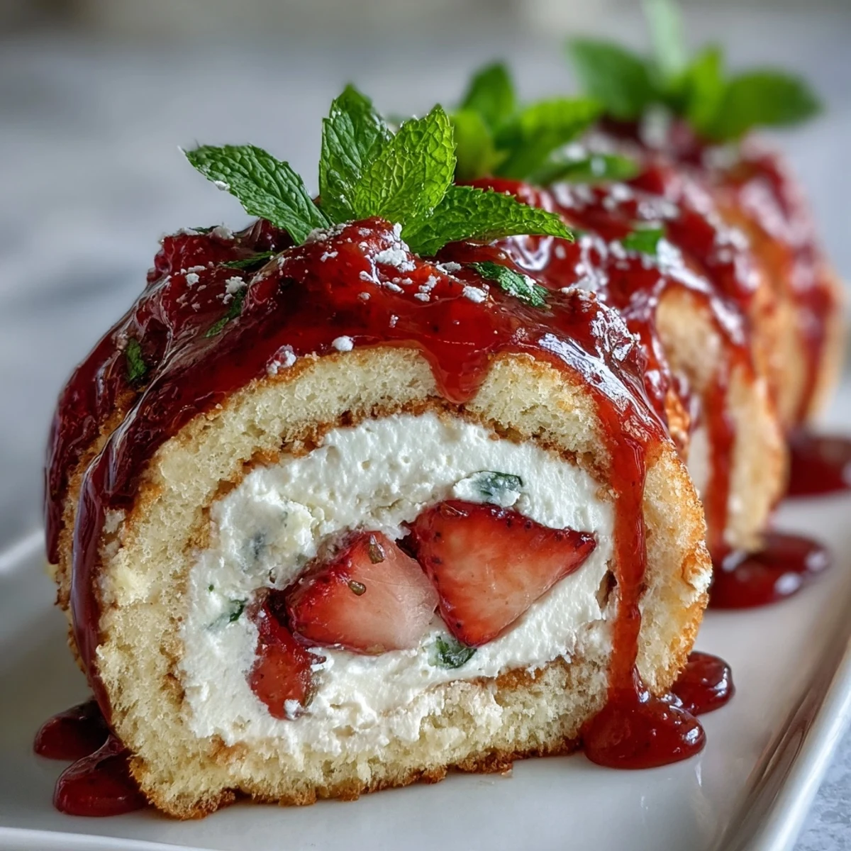 Pinwheel dessert sushi pieces are artfully drizzled with white chocolate and garnished with mint on a clean platter.