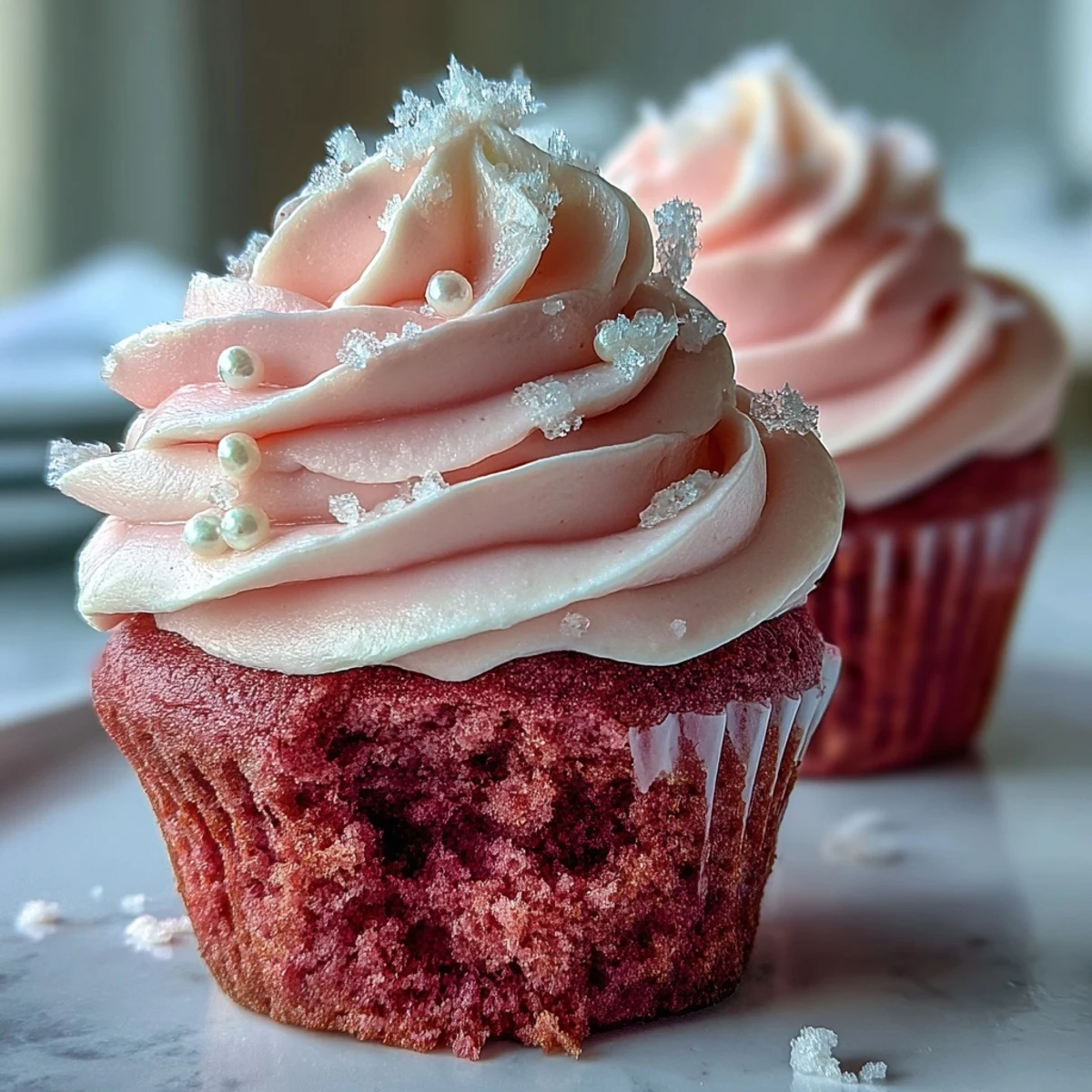Freshly baked Pink Velvet Cupcakes with vanilla buttercream, displayed on a white ceramic plate for a classic dessert presentation.