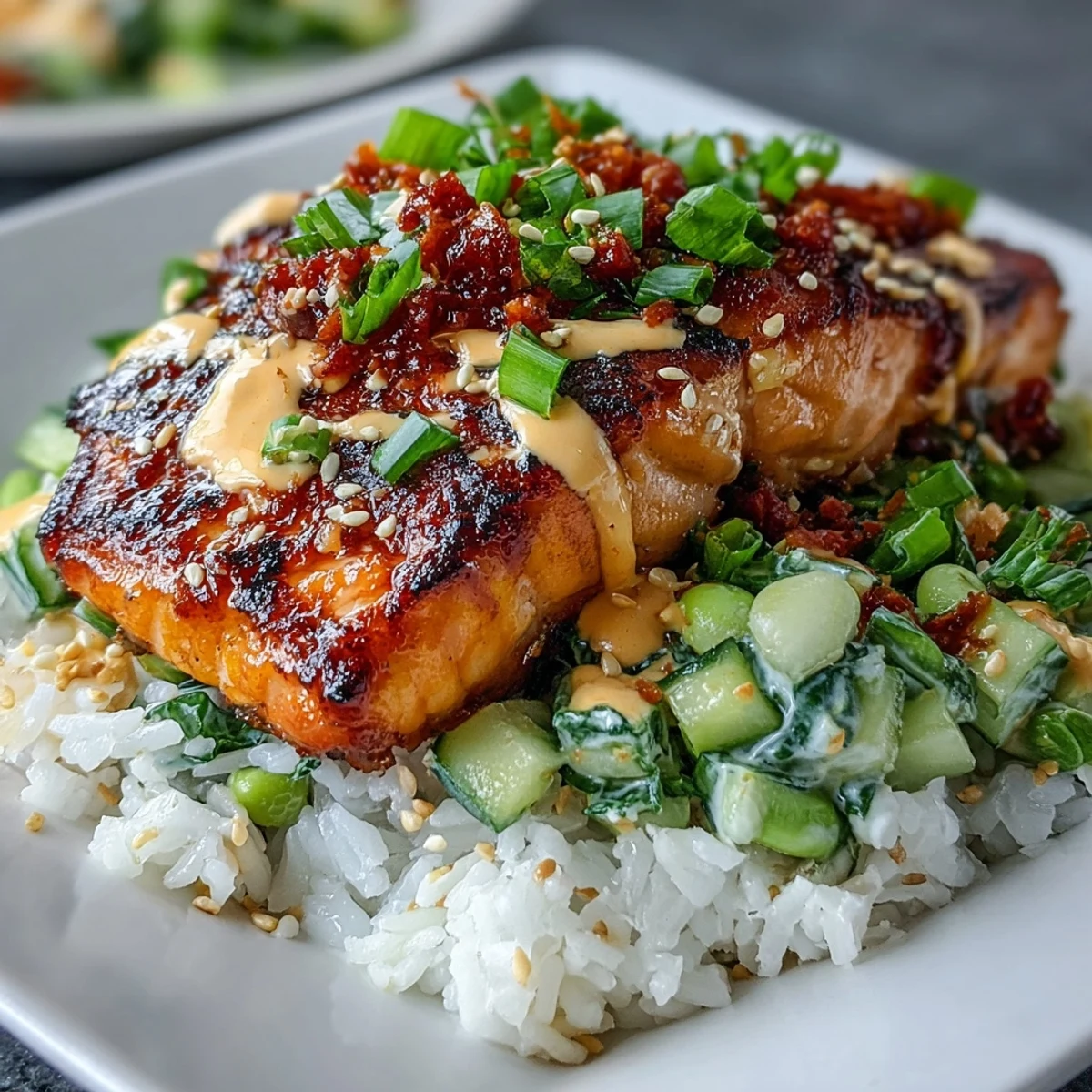 A finished Bang Bang Salmon Bowl garnished with sesame seeds, cilantro, and lime wedges.