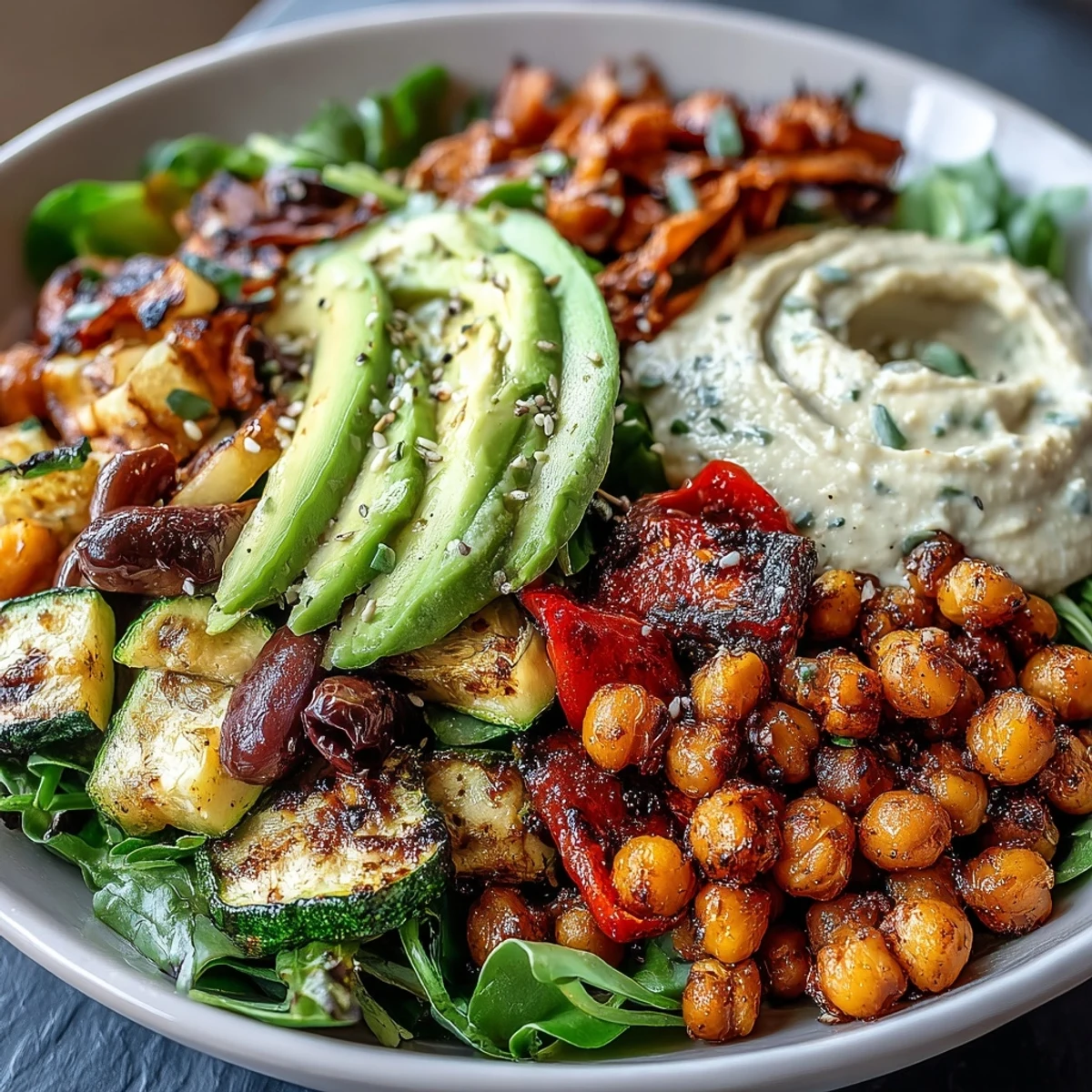 Fresh, colorful Vegan Mediterranean Buddha Bowl filled with roasted zucchini, bell peppers, chickpeas, avocado, and a drizzle of creamy tahini dressing.