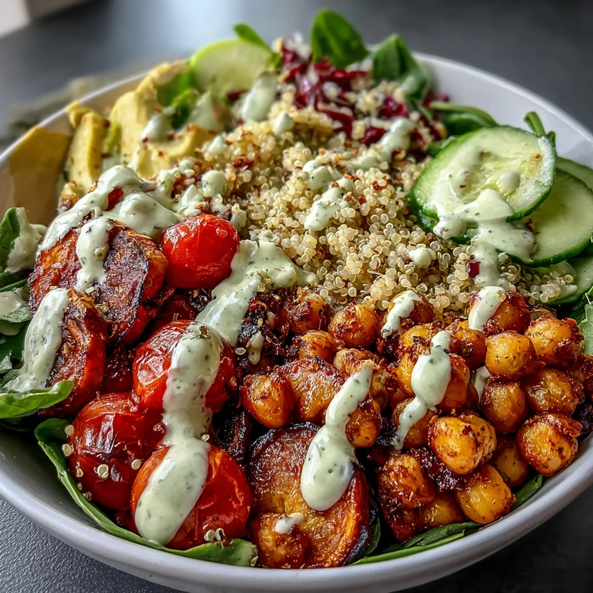 Creamy garlic tahini dressing coats fluffy quinoa, roasted sweet potatoes, and crispy chickpeas in this colorful vegan Buddha Bowl.