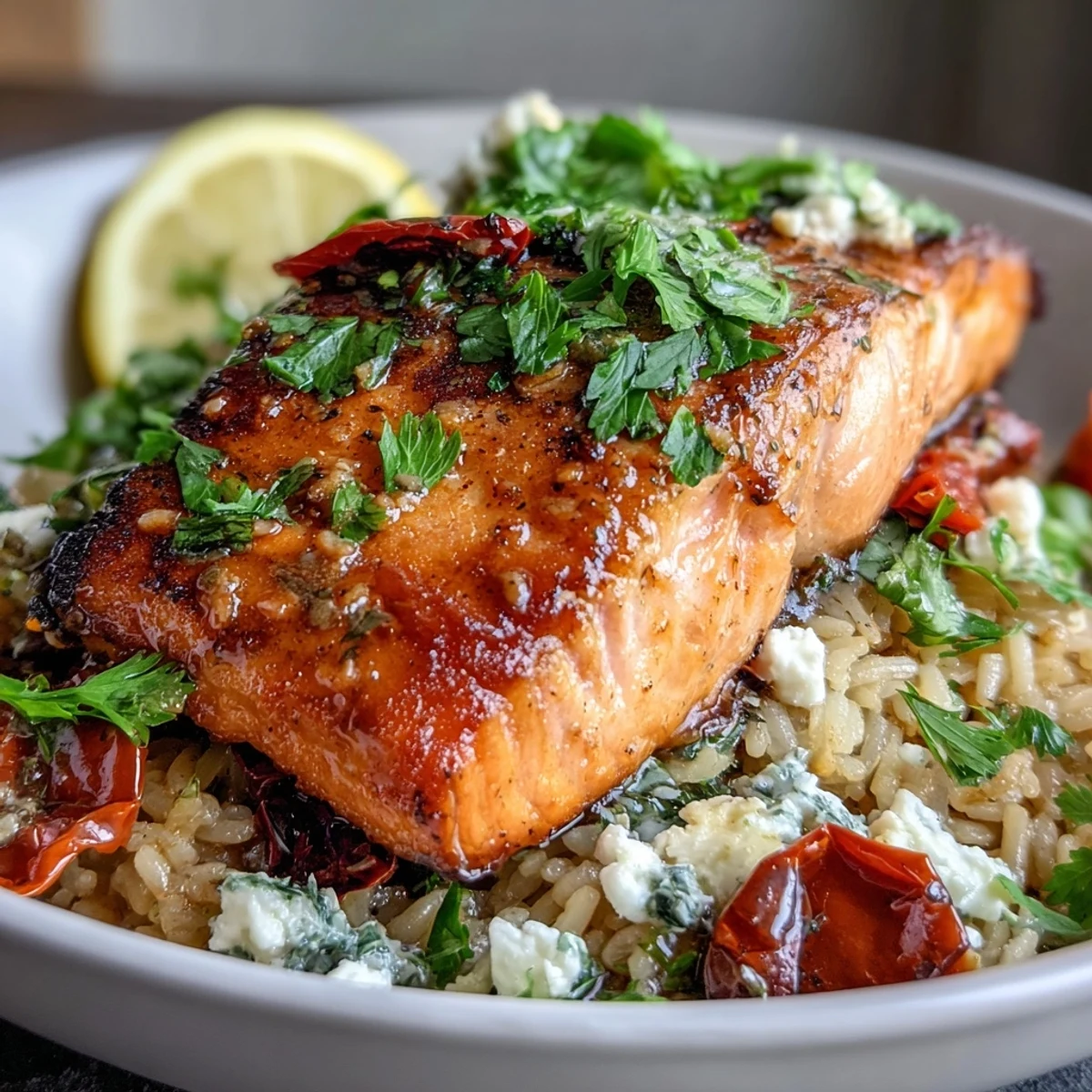 Golden pan-seared Mediterranean Salmon Bowl with crispy rice, sun-dried tomatoes, and crumbled feta cheese.