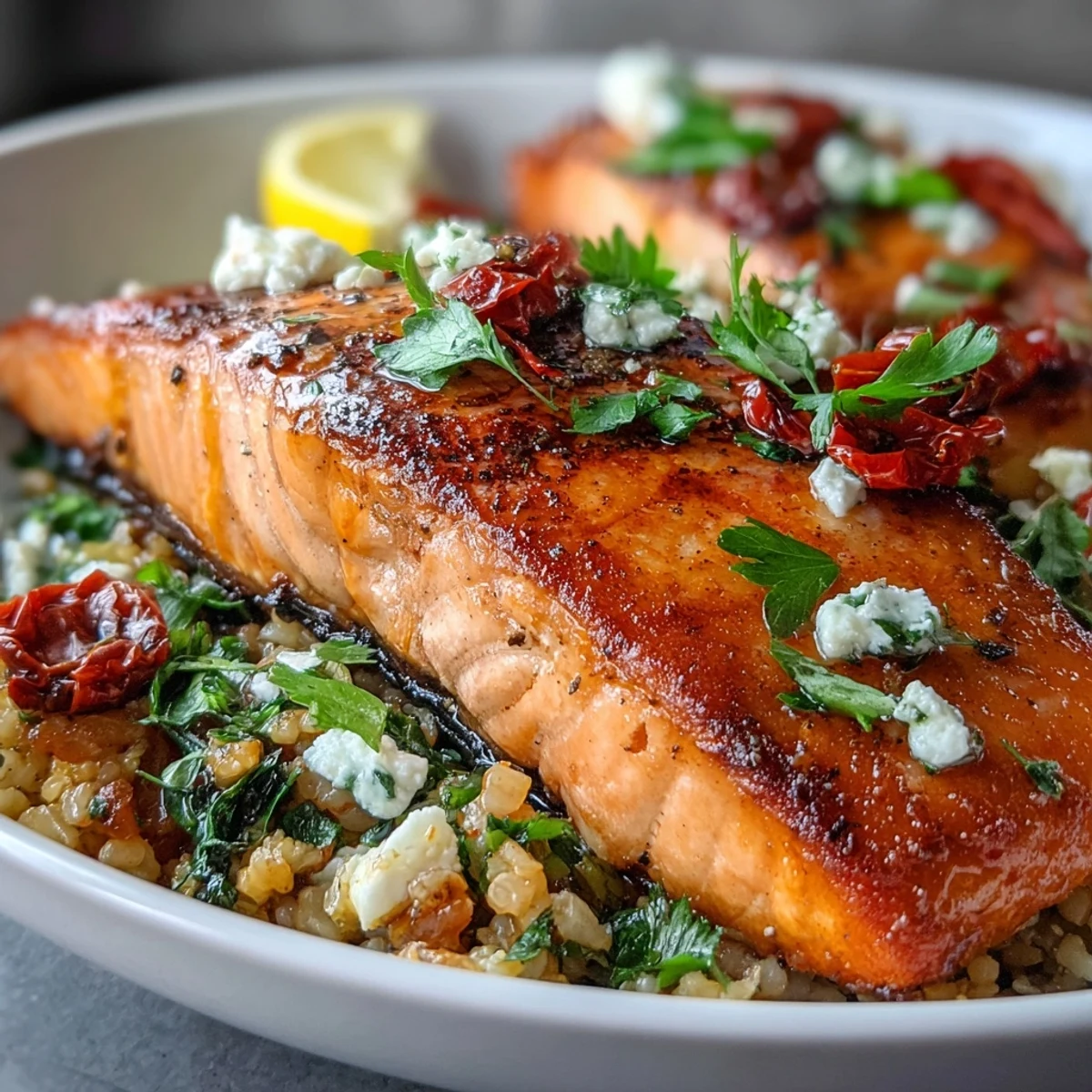Colorful Mediterranean Salmon Bowl topped with baby bell peppers, cilantro, and lemon wedges on a plate.