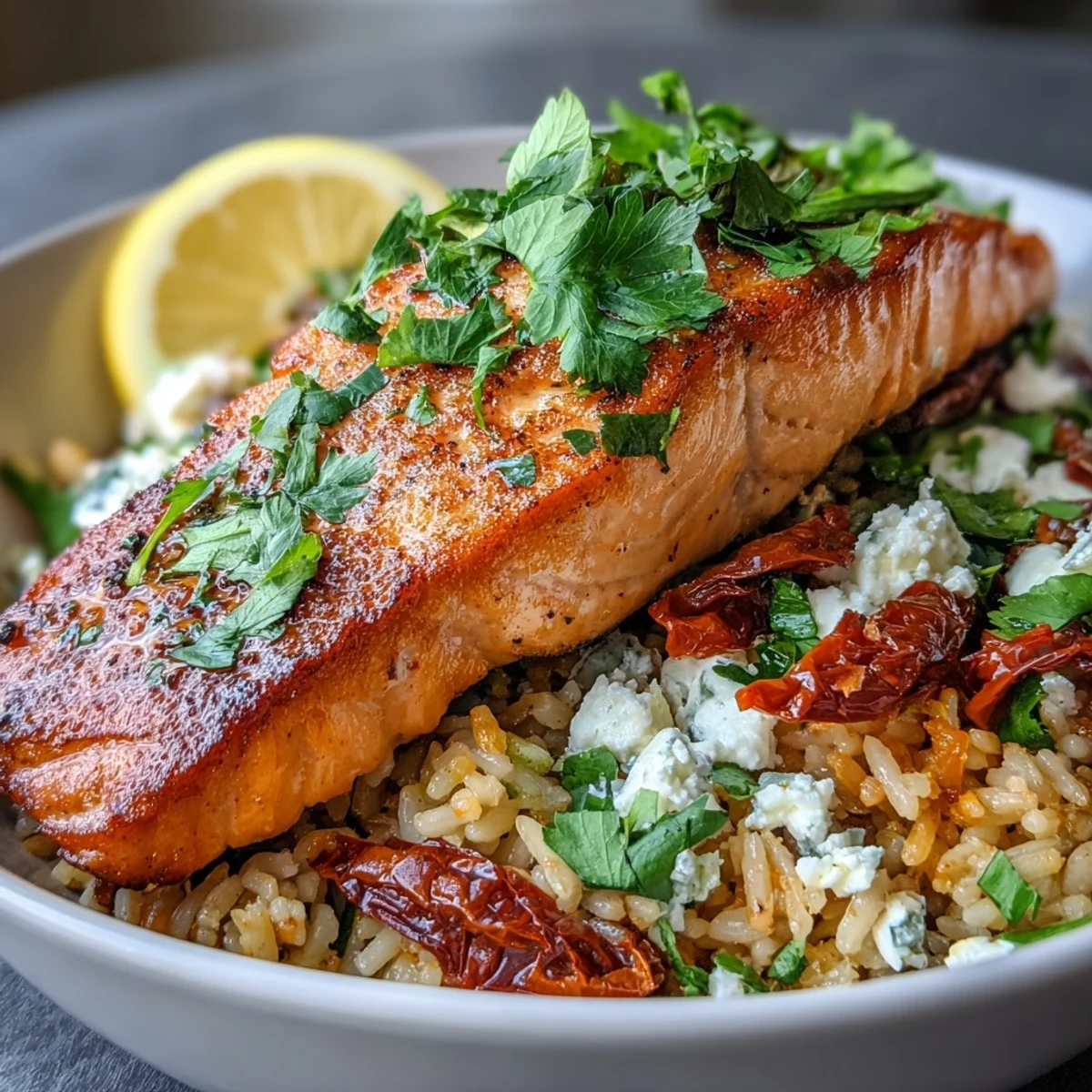 Hearty Mediterranean Salmon Bowl with flaky salmon, crisp rice, and fresh veggies ready to eat.