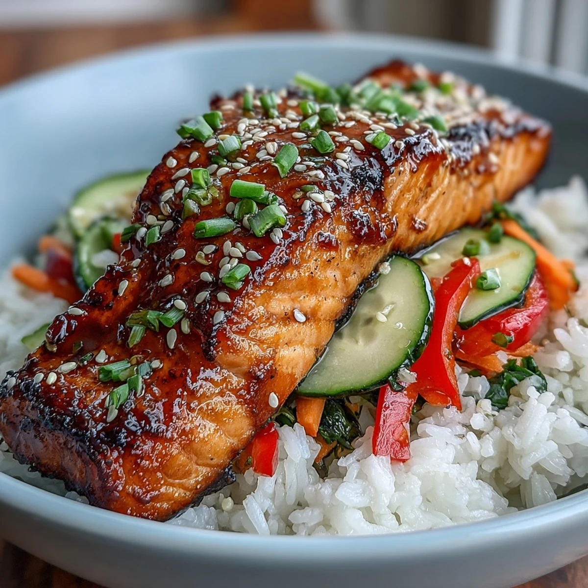 Flaky Asian-Inspired Salmon Bowl with soy-ginger glazed fish, fluffy rice, crisp veggies, and sesame seeds.