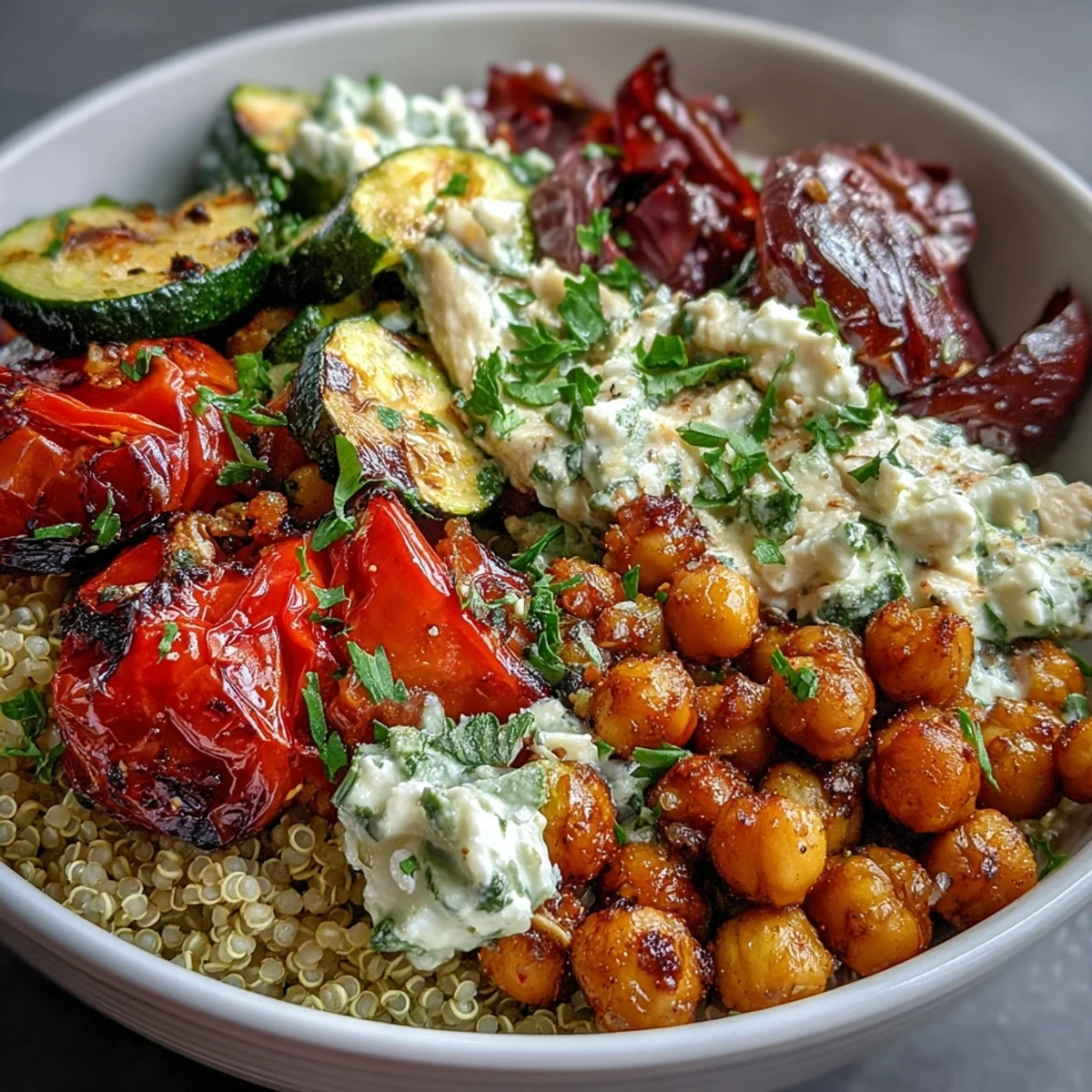 A Mediterranean Buddha Bowl showcases vibrant roasted vegetables, creamy hummus, and crumbled feta over fluffy quinoa with lemon wedges.