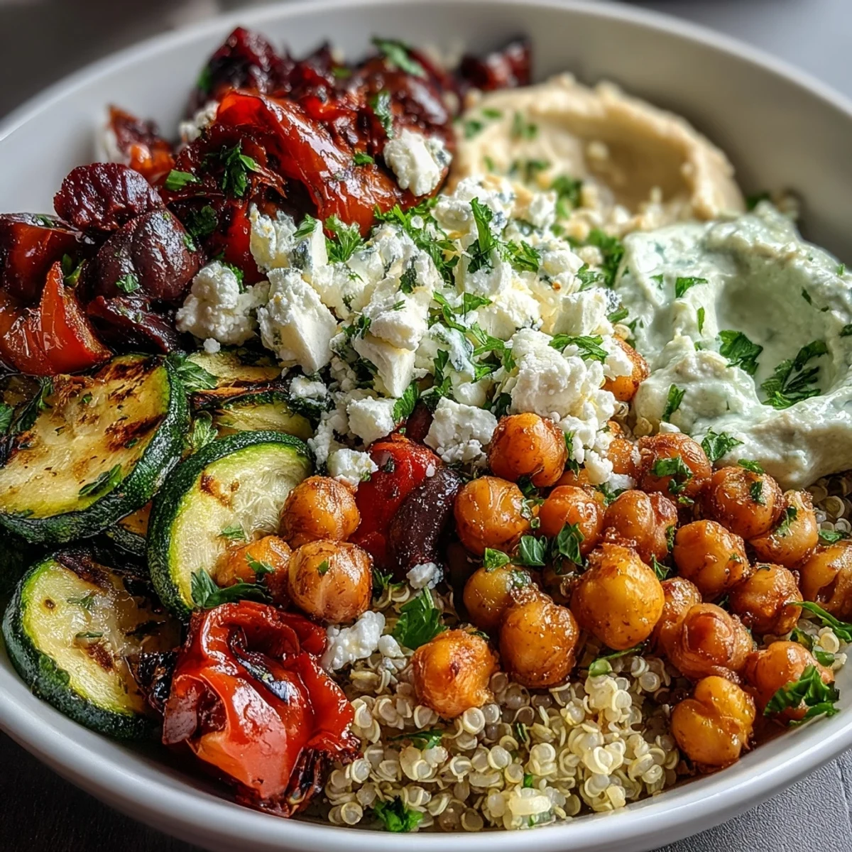 A finished Mediterranean Buddha Bowl features warm chickpeas, Kalamata olives, and tangy Greek yogurt on a bed of quinoa.