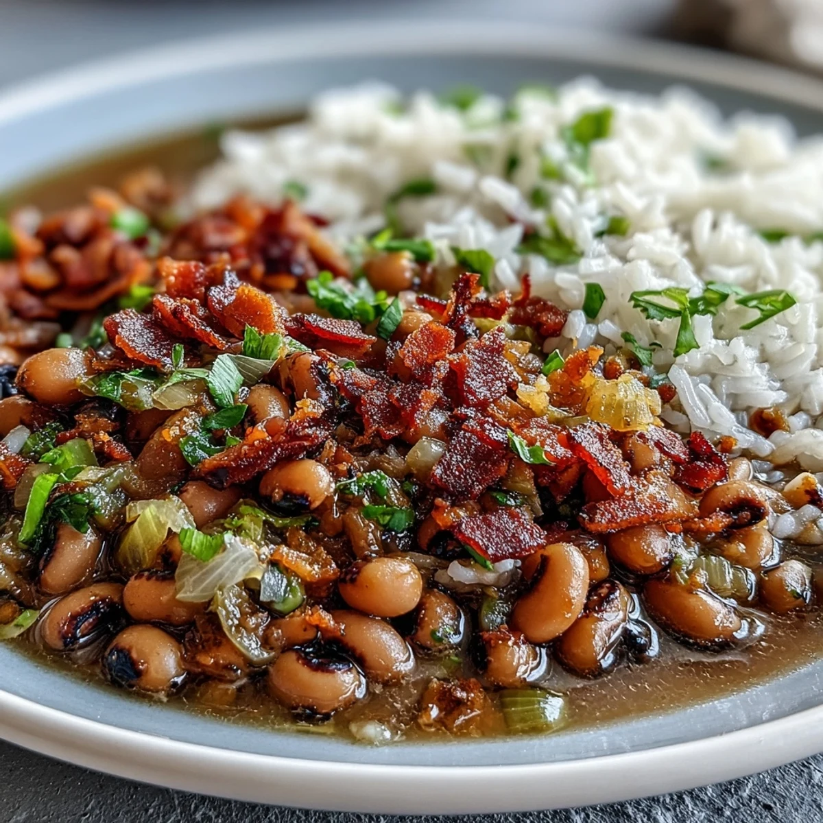 A close-up of Hoppin' John with smoky bacon and black-eyed peas spooned over fluffy white rice, topped with fresh scallions.