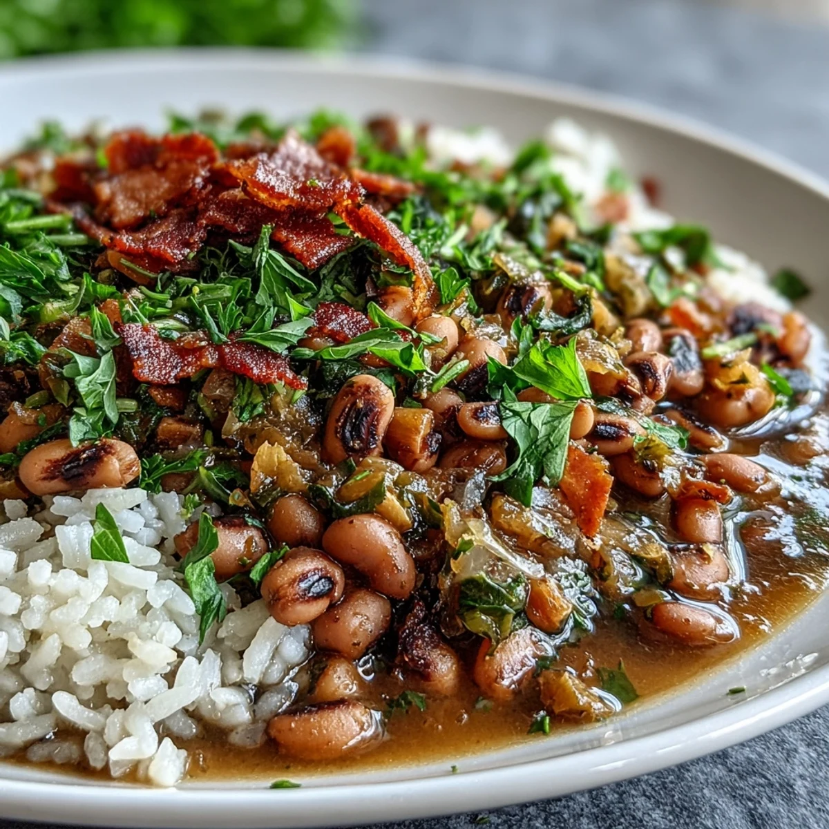 Warm bowl of Southern Hoppin' John featuring tender peas and bacon, with a side of cornbread on a rustic wooden table.