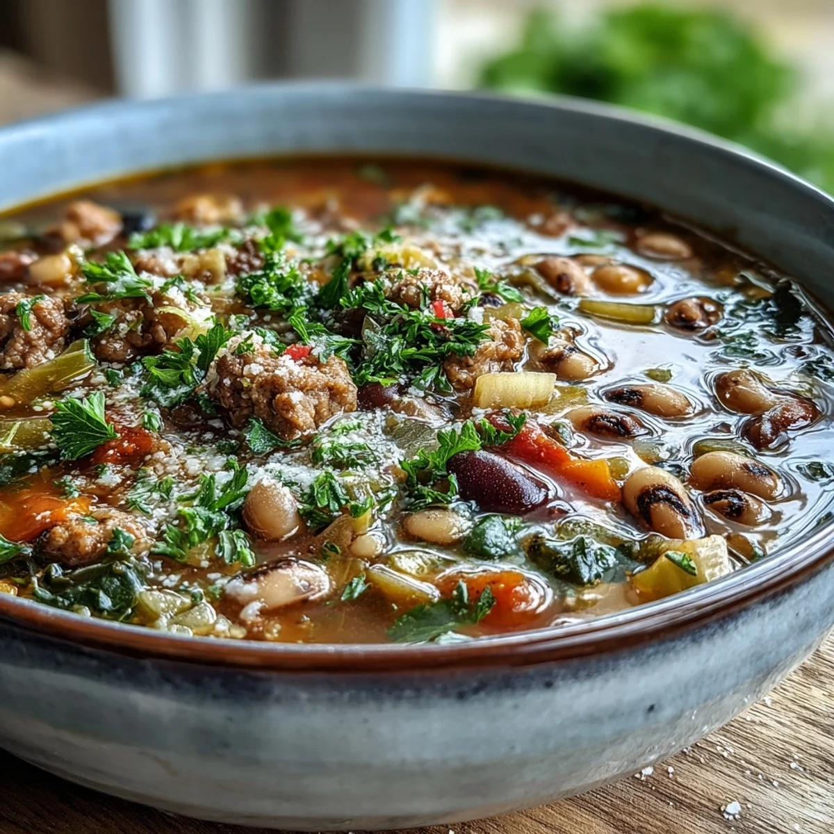 Rustic bowl of Black-Eyed Peas and Sausage Soup topped with fresh parsley and Parmesan cheese.