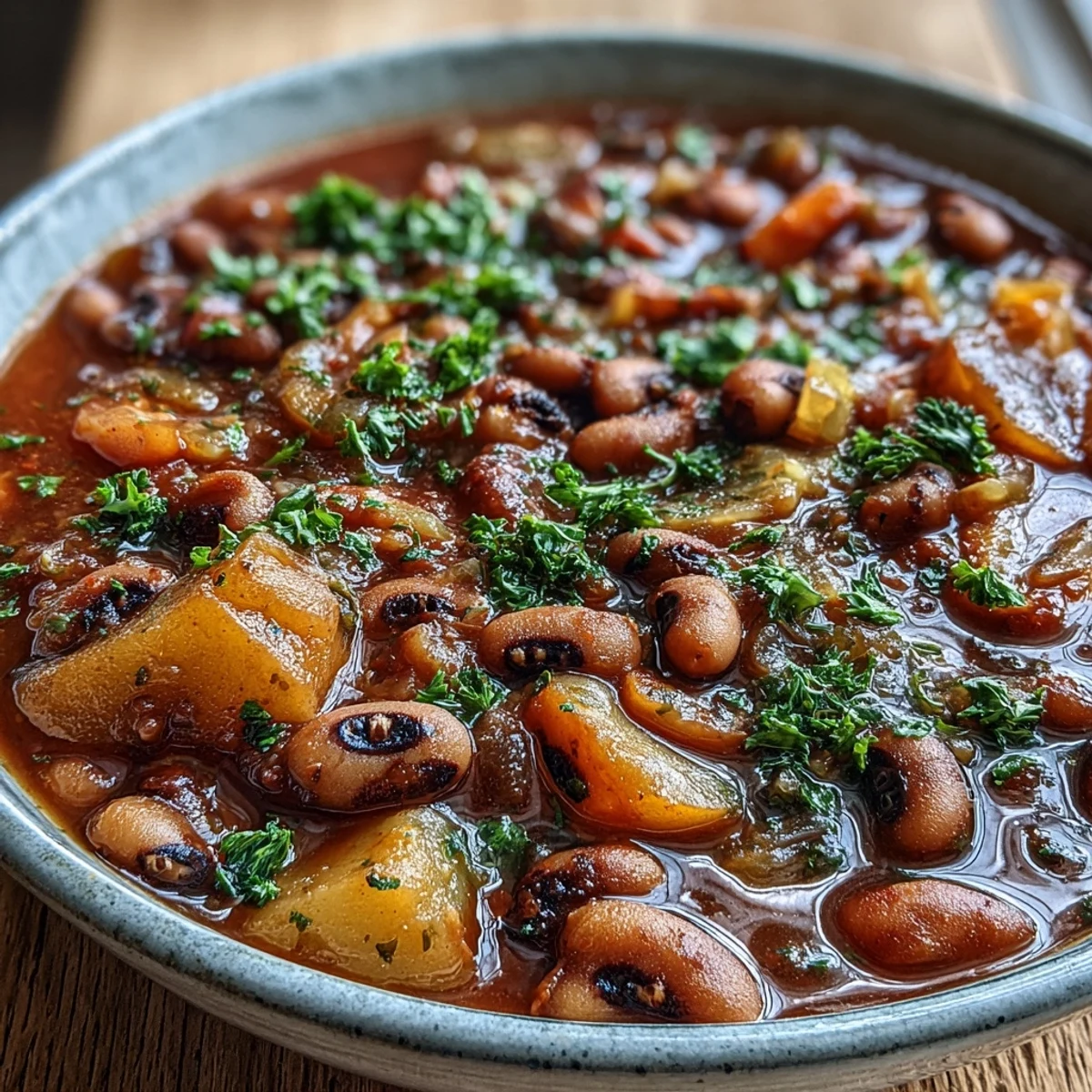 A steaming bowl of Black-Eyed Pea Stew with Chefs Touch, garnished with fresh parsley and served alongside crusty bread for dipping.