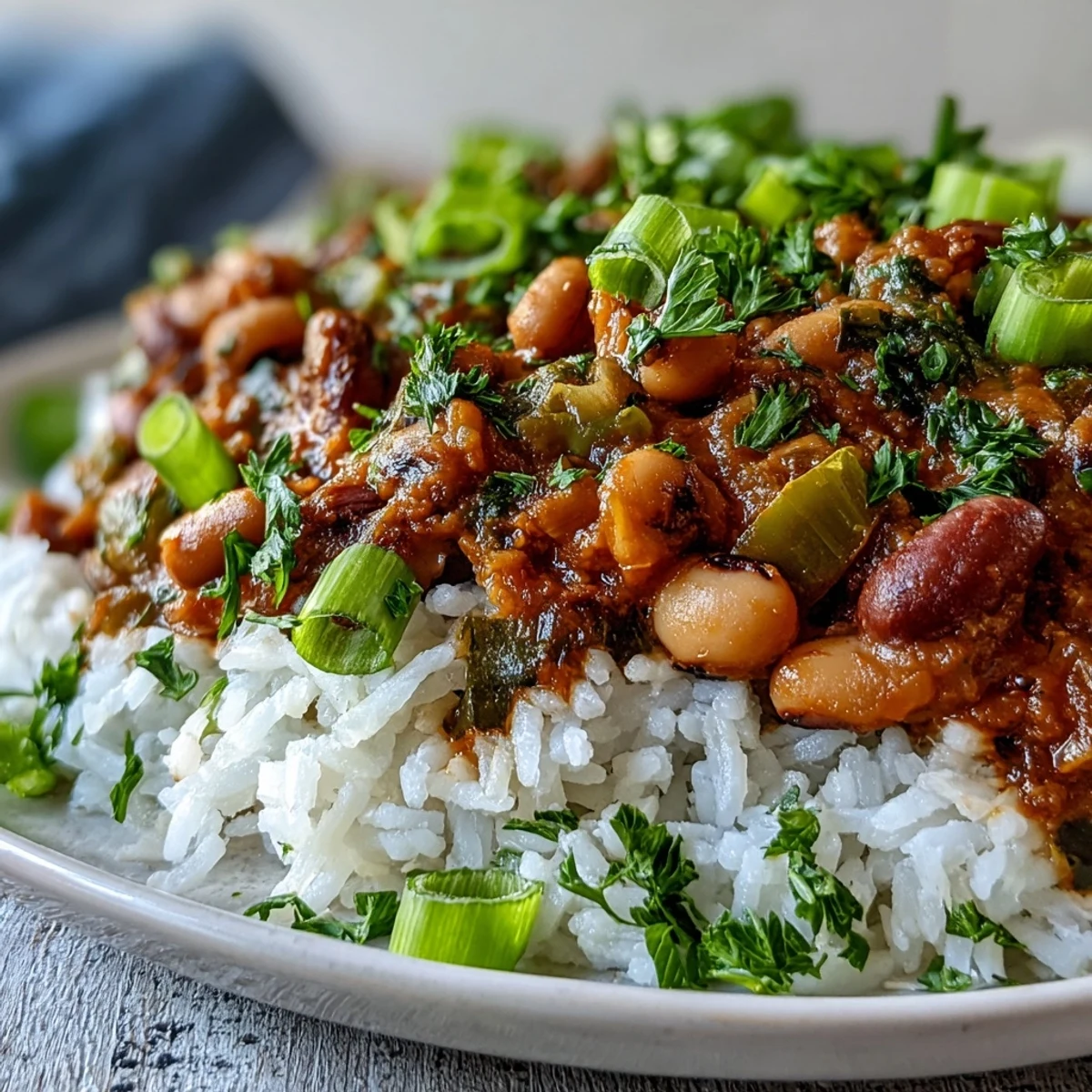 Steaming bowl of Vegetarian Hoppin John with black-eyed peas and fluffy rice.