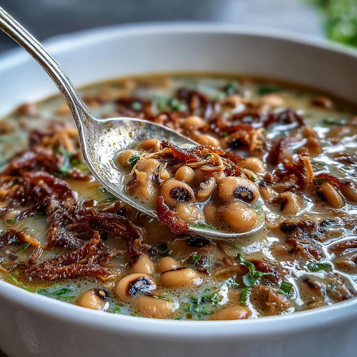 Fork-tender smoked turkey leg is shredded into creamy black-eyed peas, served steaming in a rustic bowl.