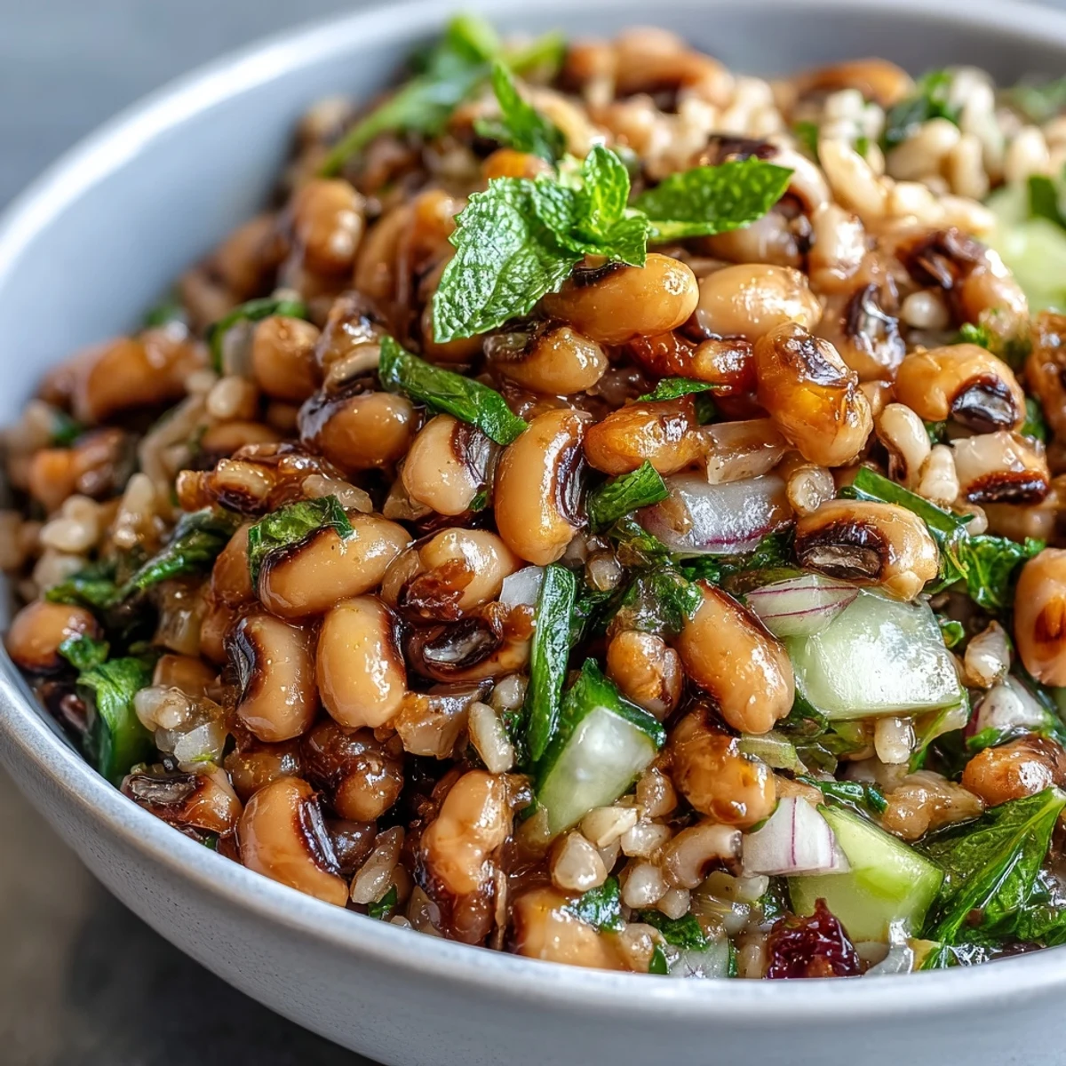 A close-up of Southern Black Eyed Pea Salad showing diced red onion and celery, ready for a summer picnic.