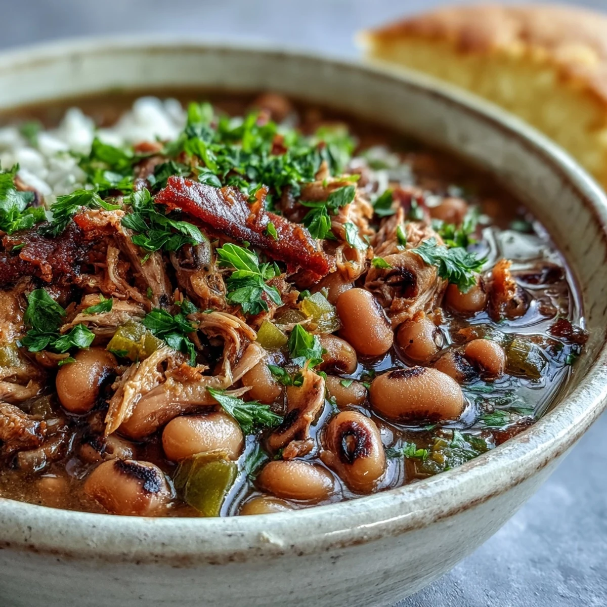 Tender, soulful Classic New Years Black-Eyed Peas stew served in a rustic bowl garnished with fresh parsley and hot sauce.