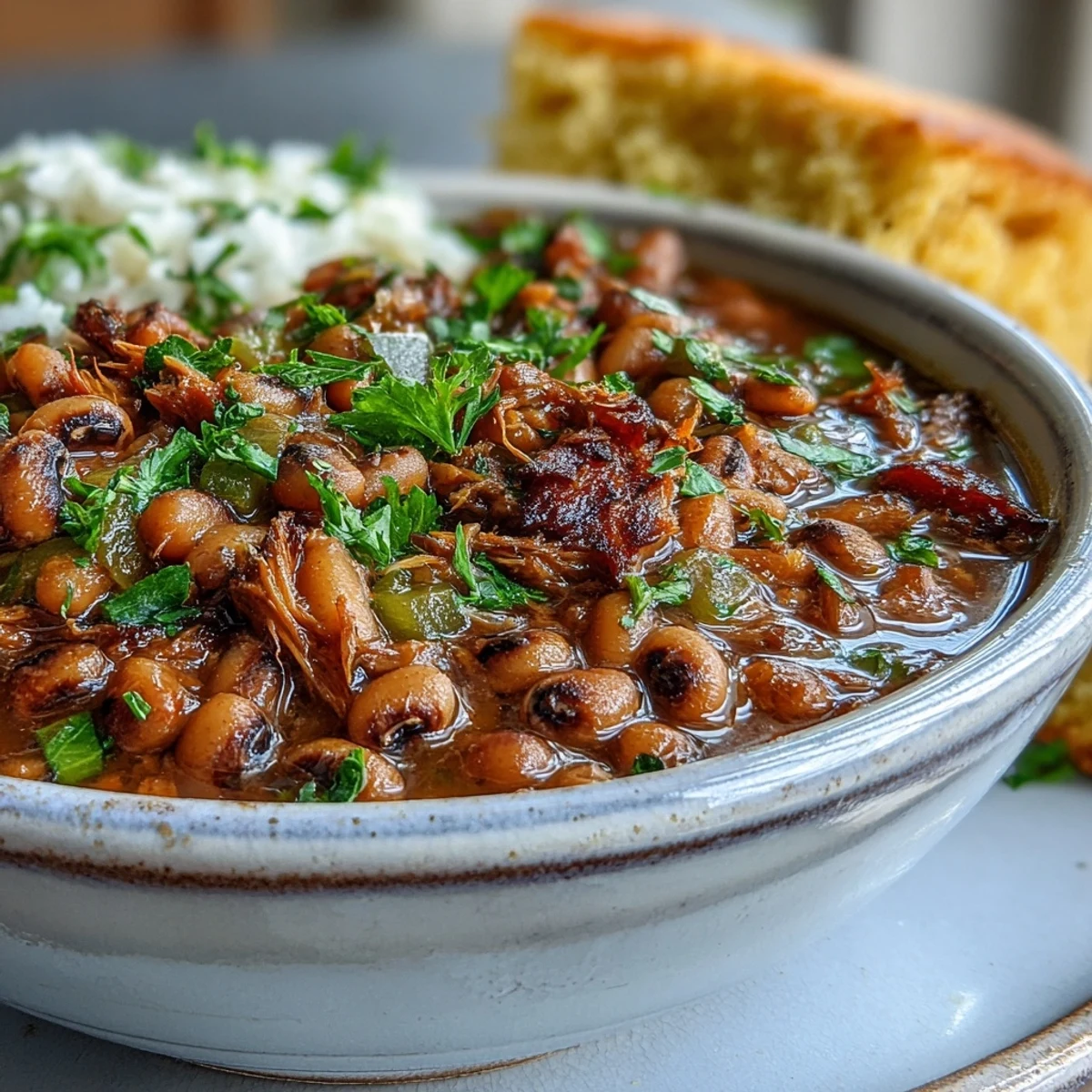 Hearty Southern Classic New Years Black-Eyed Peas stew ready to eat, paired with fluffy white rice and golden cornbread on the side.