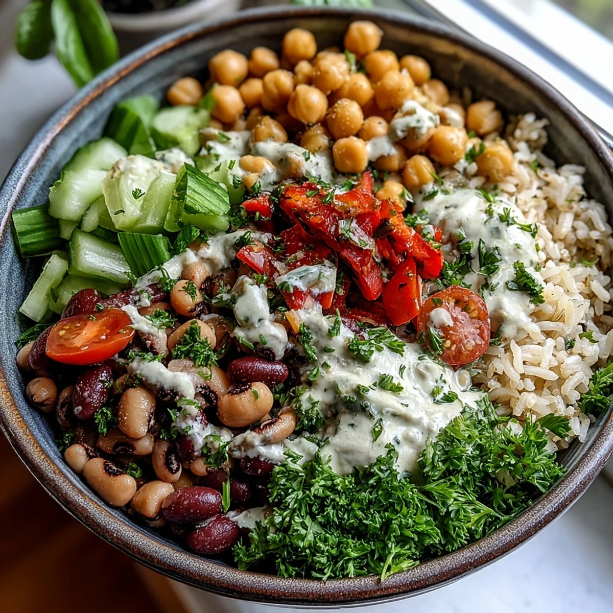 Freshly diced red bell pepper and celery mixed with black-eyed peas and chickpeas for a vibrant New Years Hoppin John Salad.