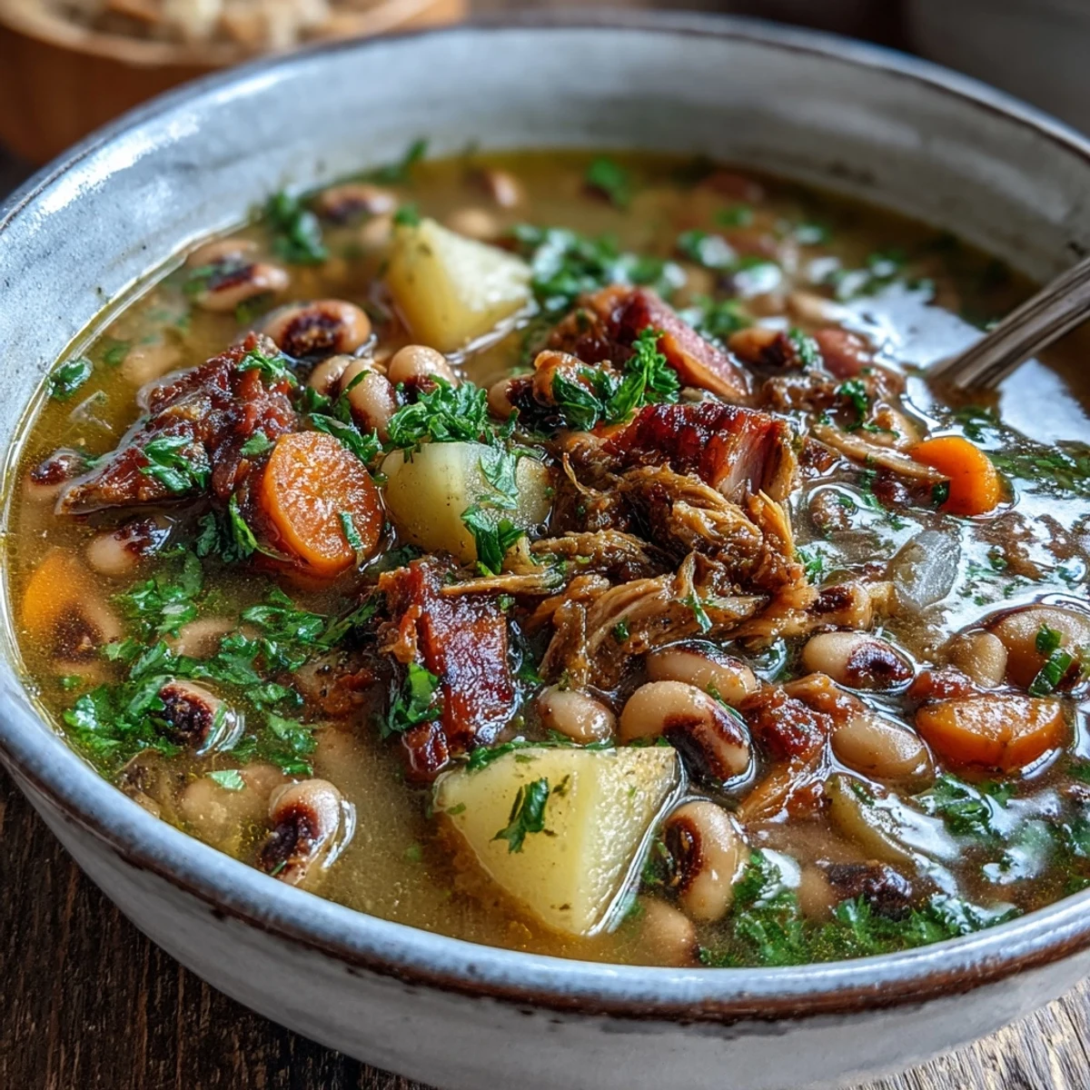 Black-Eyed Pea Stew with Smoked Ham Hocks in a rustic pot, steaming and ready to be ladled into bowls.