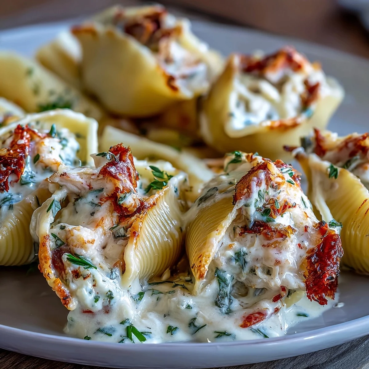 Creamy Seafood Stuffed Shells loaded with tender lobster and crab in rich cheese sauce, ready to serve.