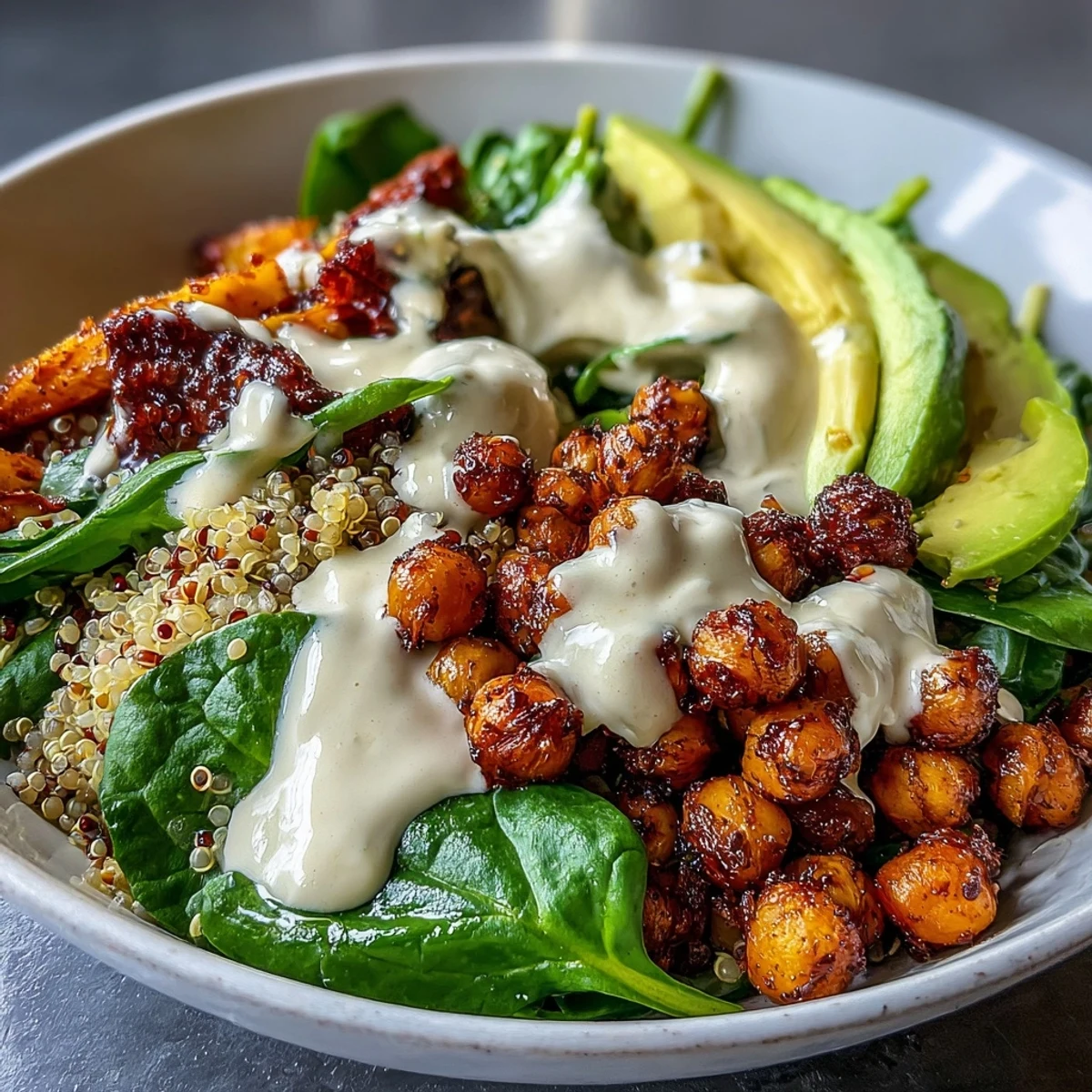 Colorful Anti-Inflammatory Glow Bowl with tahini yogurt sauce, featuring roasted sweet potatoes, crispy turmeric chickpeas, quinoa, spinach, and avocado slices.