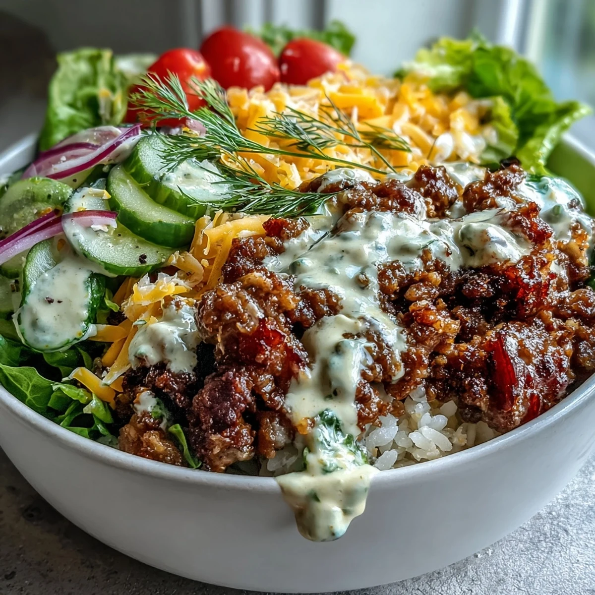 A close-up of High-Protein Cheeseburger Bowls featuring seasoned ground beef, crisp lettuce, bright cherry tomatoes, and shredded cheddar cheese with a drizzle of creamy burger sauce.