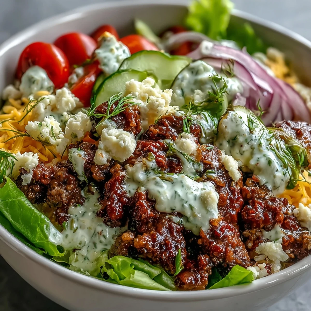 A hearty High-Protein Cheeseburger Bowl topped with crumbled bacon and a sunny-side-up egg, ready for a satisfying keto-friendly dinner with a side of tangy sauce.
