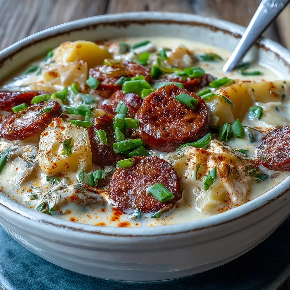 Creamy Cajun Potato Soup with Andouille Sausage served hot and steaming with melted cheese and fresh green onions.