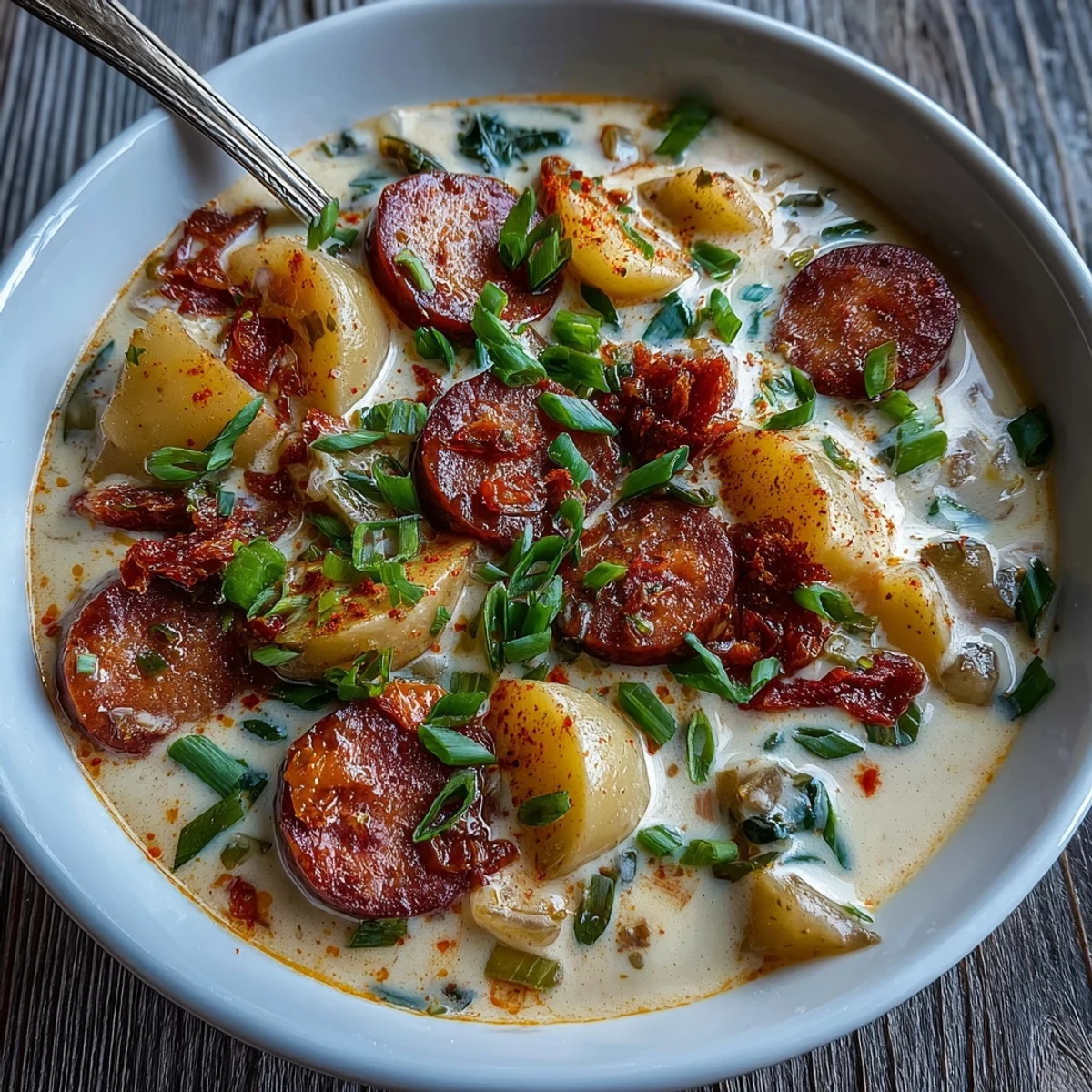 A bowl of Creamy Cajun Potato Soup with Andouille Sausage next to crusty bread for dipping.