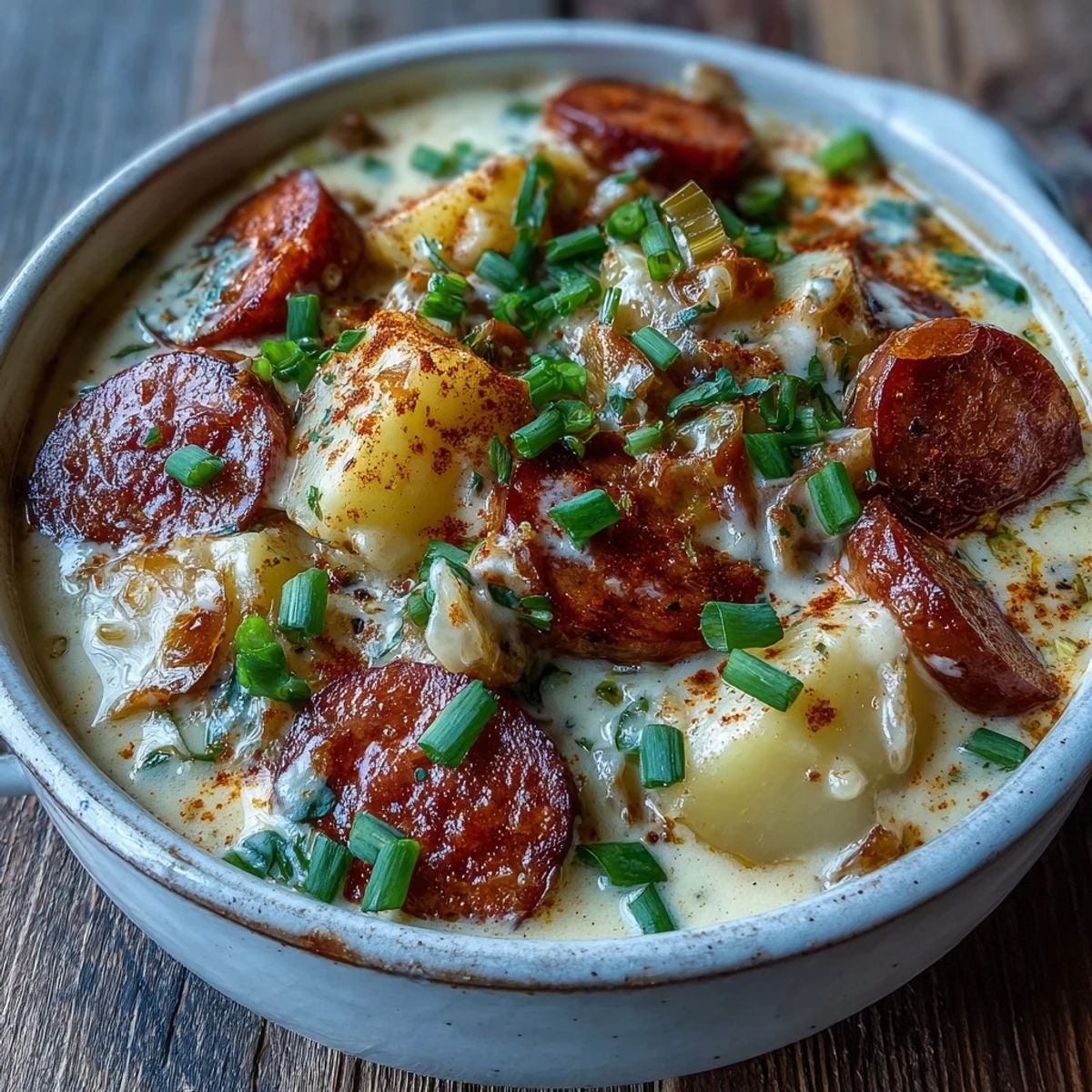 Top-down view of Creamy Cajun Potato Soup with Andouille Sausage topped with sour cream, bacon, and chives.