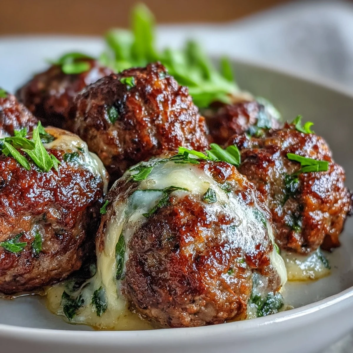 Freshly seared Spinach Garlic Meatballs sizzling in a skillet, steam rising, with vibrant green spinach peeking from the cheesy interior.