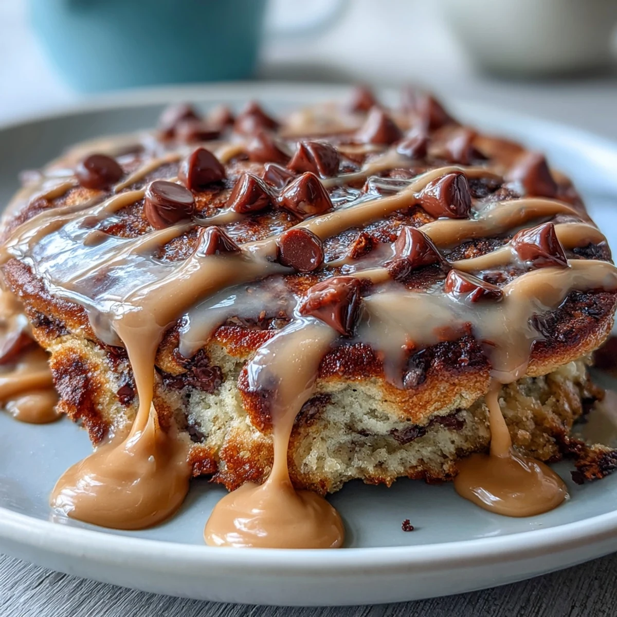A warm, gooey Peanut Butter Cup Protein Pancake Bowl topped with sliced bananas and chopped peanuts, served in a ramekin.