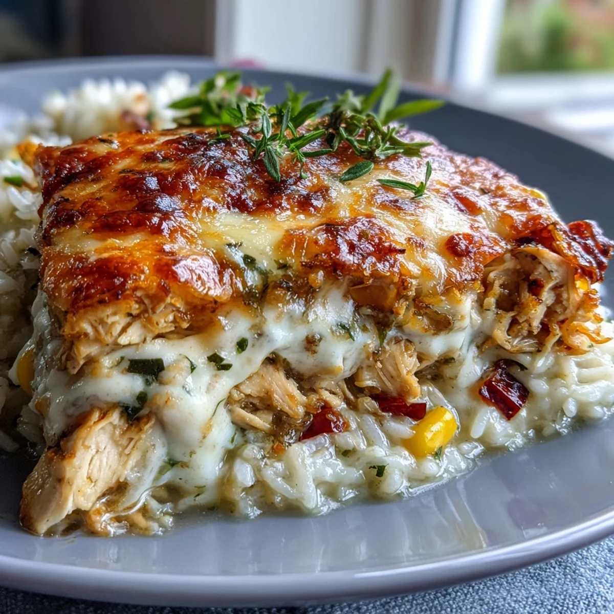 Golden, bubbly mozzarella and Parmesan top this Creamy Garlic Chicken & Rice Casserole fresh from the oven.
