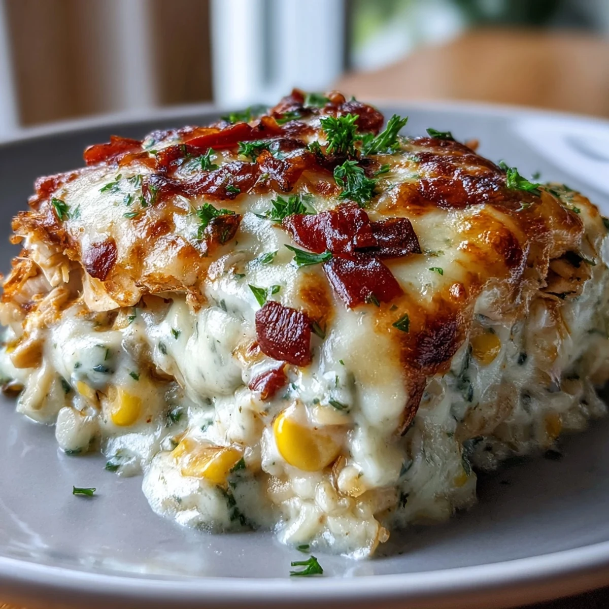 Tender chicken, rice, and red bell peppers peek from under the rich, cheesy garlic sauce.