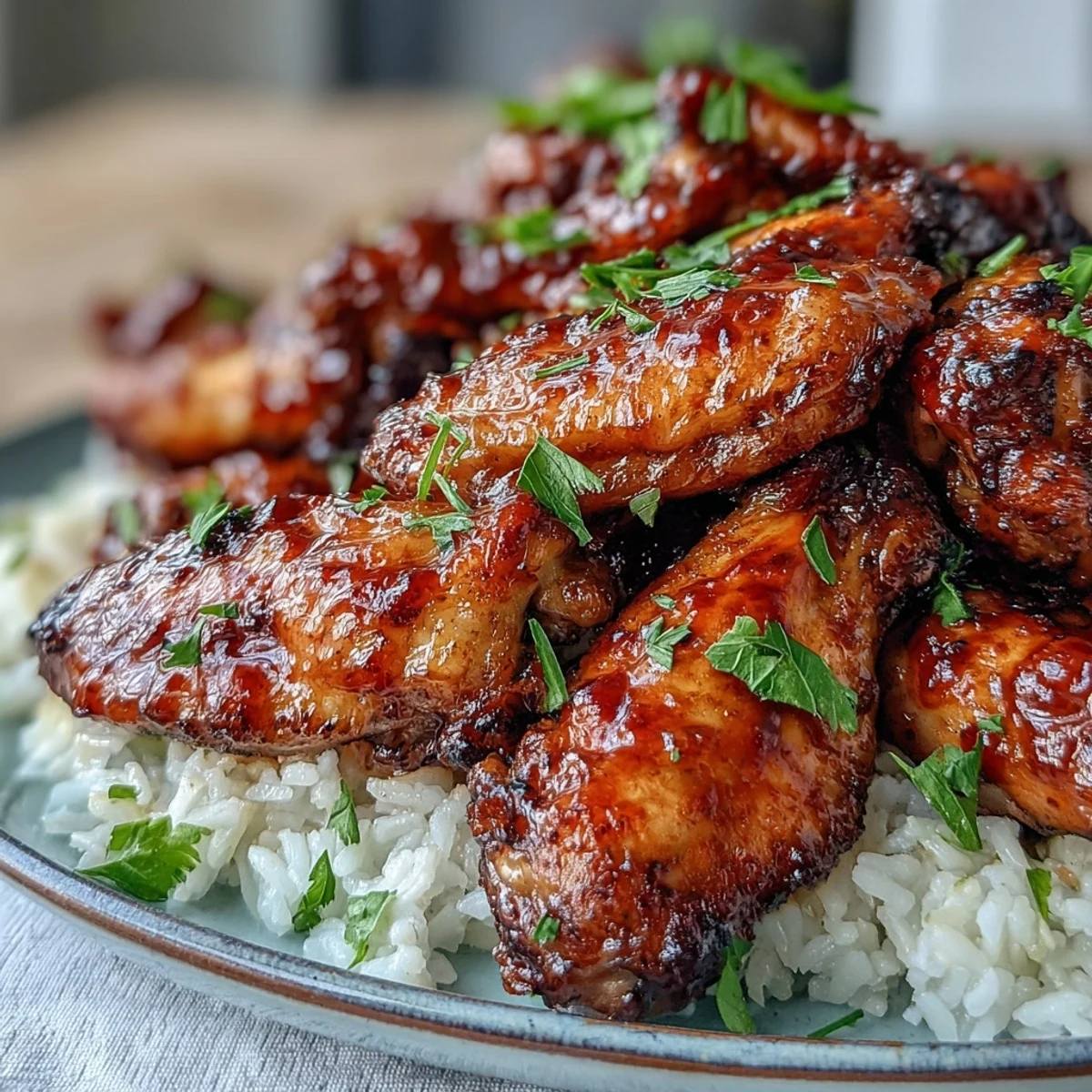 Oven-Baked Honey Garlic Chicken Wings & Rice arranged on a platter, saucy wings over fluffy buttery rice, topped with fresh parsley and green onions.