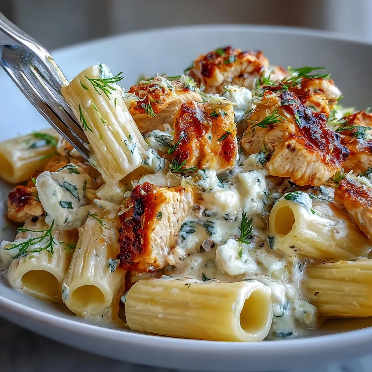 Creamy Lemon Feta Chicken Pasta with penne and golden chicken pieces coated in a silky lemon cream sauce.