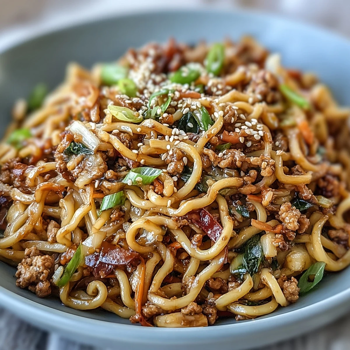 Steam rises from a bowl of Korean Turkey Fried Noodles featuring sautéed vegetables.