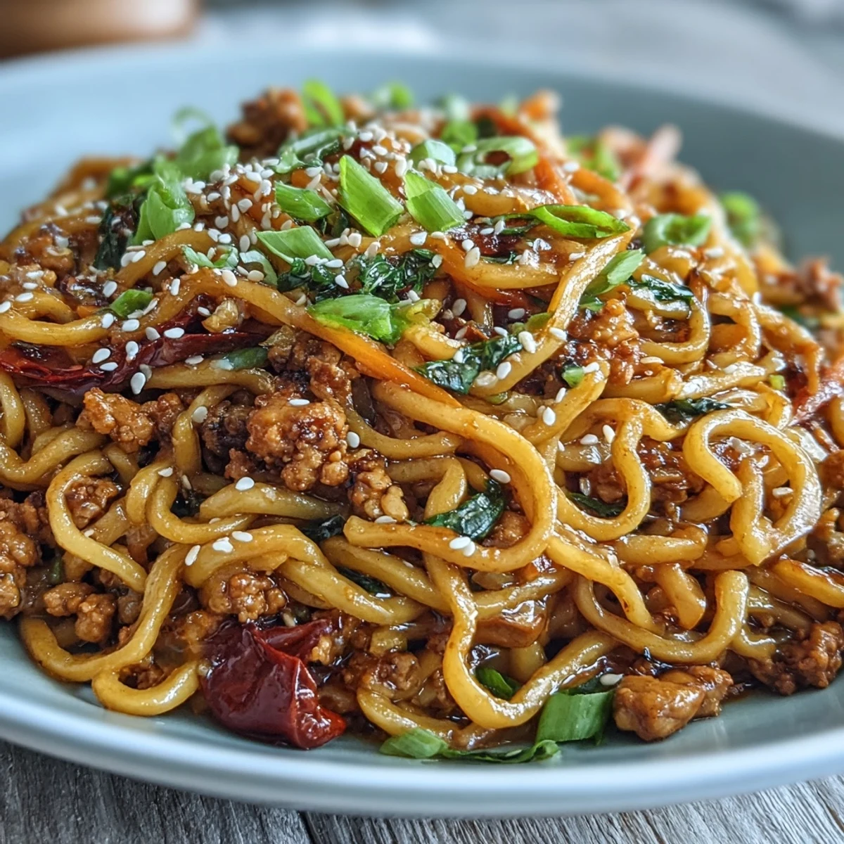 A skillet of Korean Turkey Fried Noodles shows sautéed bell peppers and ground turkey.
