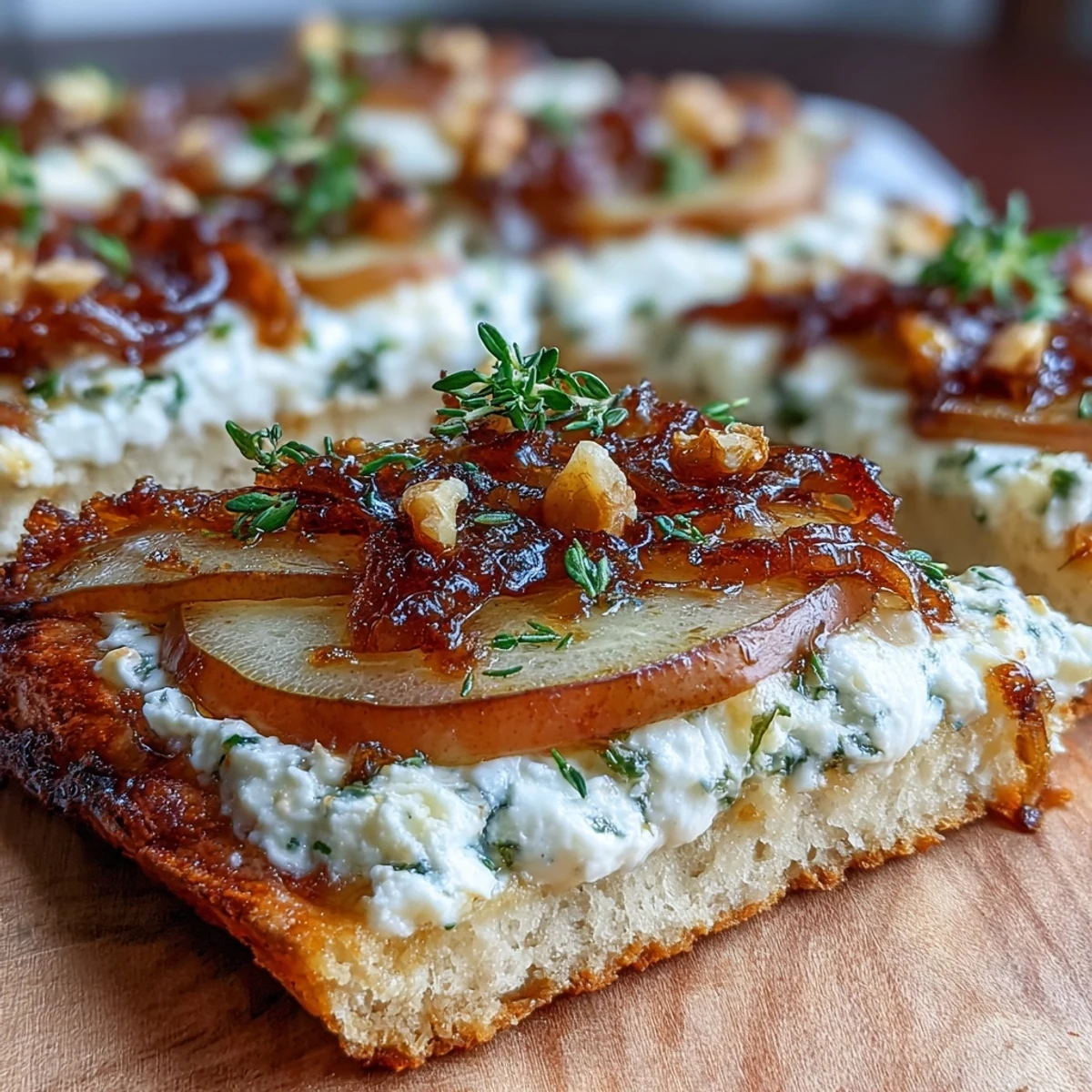 Freshly baked Goat Cheese & Pear Flatbread with hot honey drizzle, topped with caramelized onions and thyme, served warm on a wooden board.