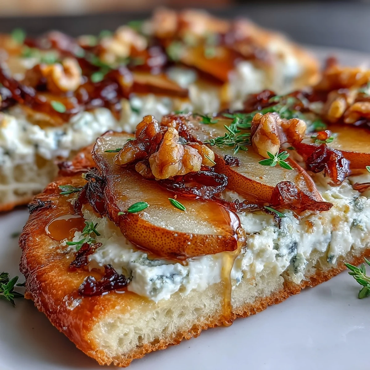 A golden Goat Cheese & Pear Flatbread topped with creamy spread, sliced pears, caramelized onions, and chopped walnuts, perfect for an appetizer or light dinner.