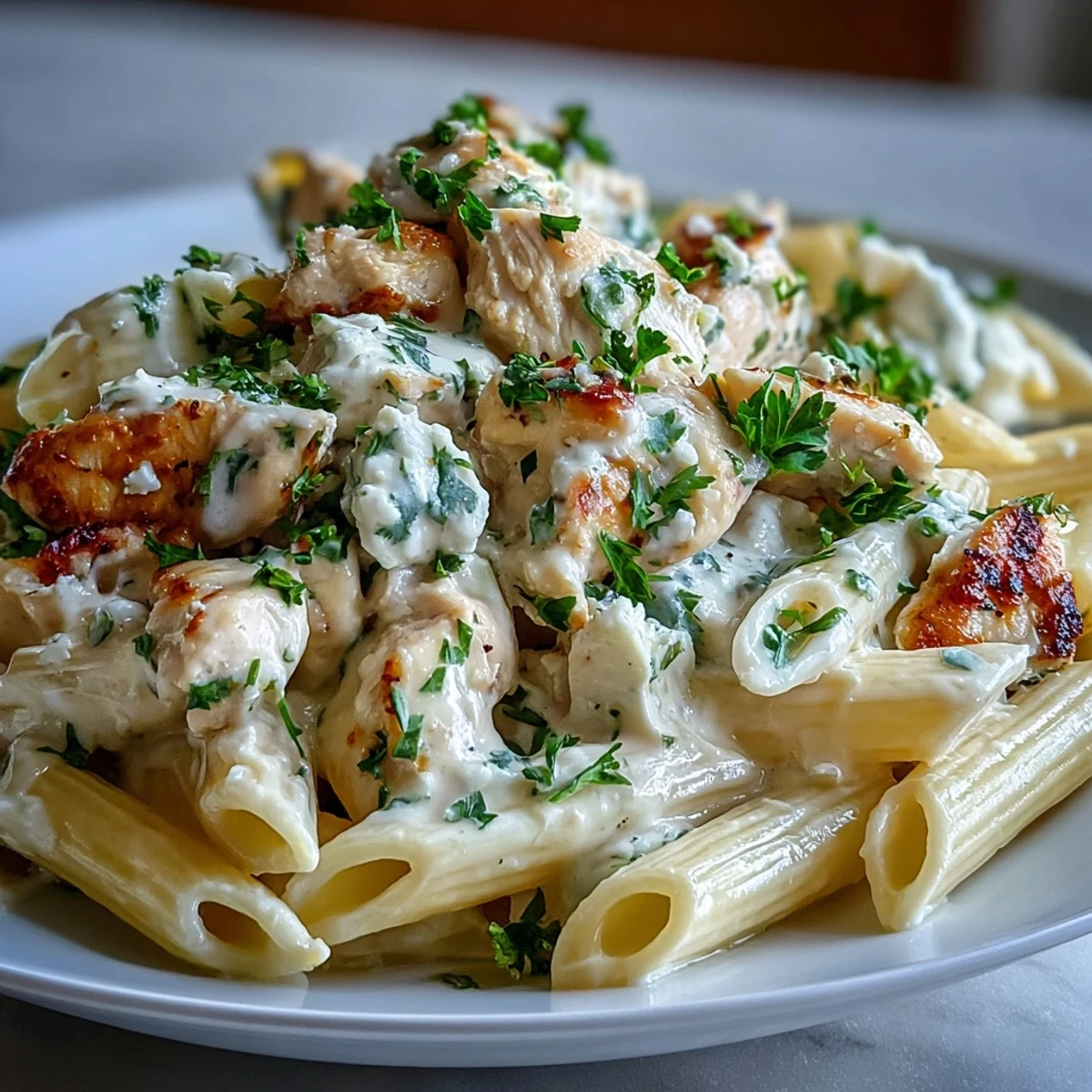 Steaming Creamy Lemon Feta Chicken Pasta served in a white bowl, ready for an easy weeknight dinner.