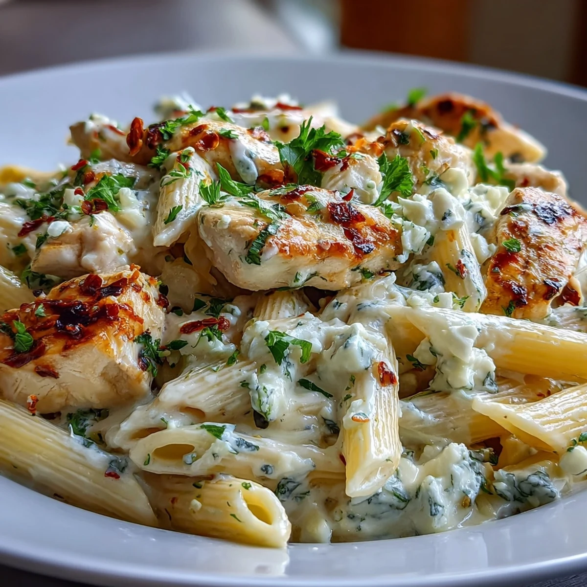 A close-up of Creamy Lemon Feta Chicken Pasta, topped with crumbled feta and fresh parsley.