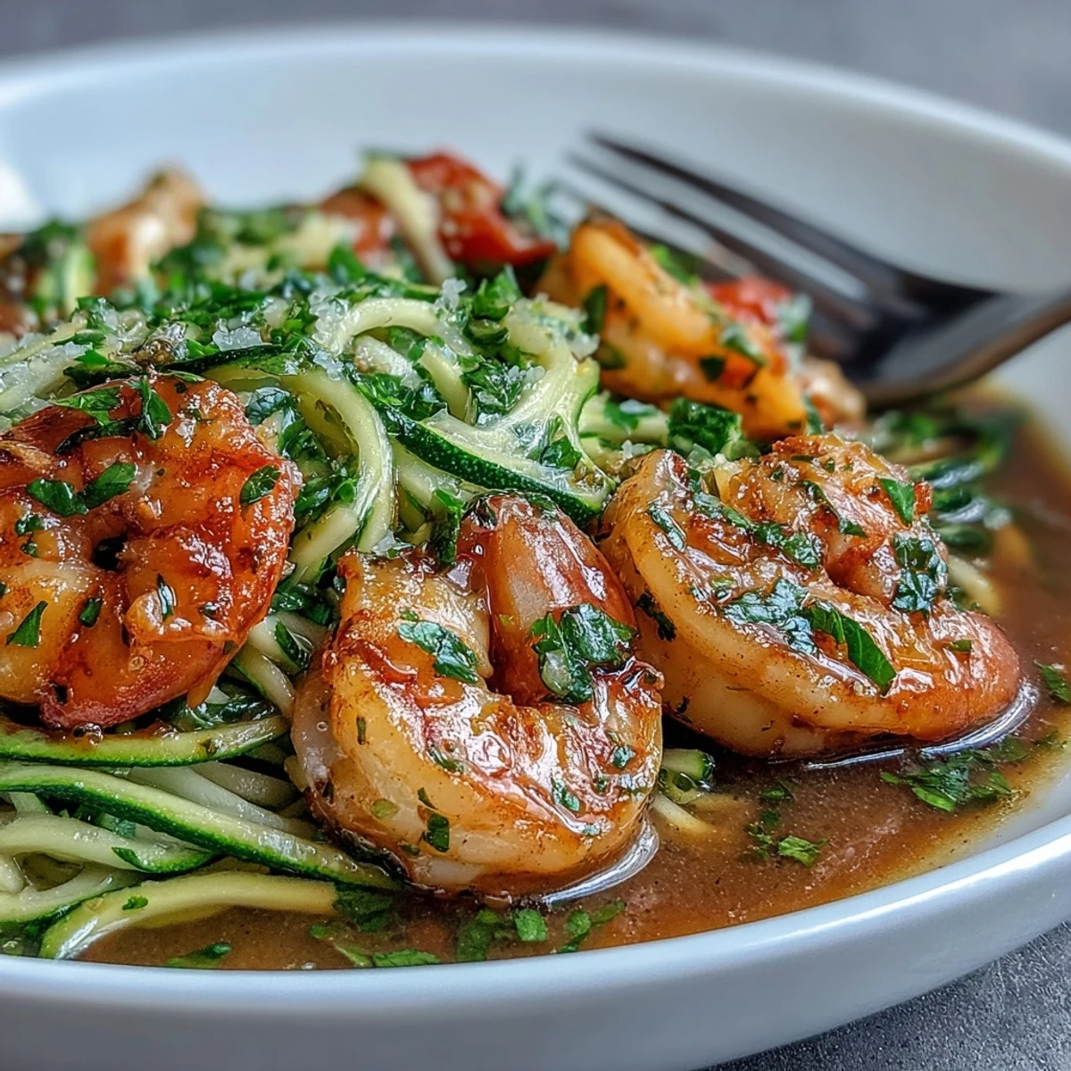 Freshly cooked shrimp and zucchini noodles in Skinny Shrimp Scampi with a bright garlic lemon sauce.