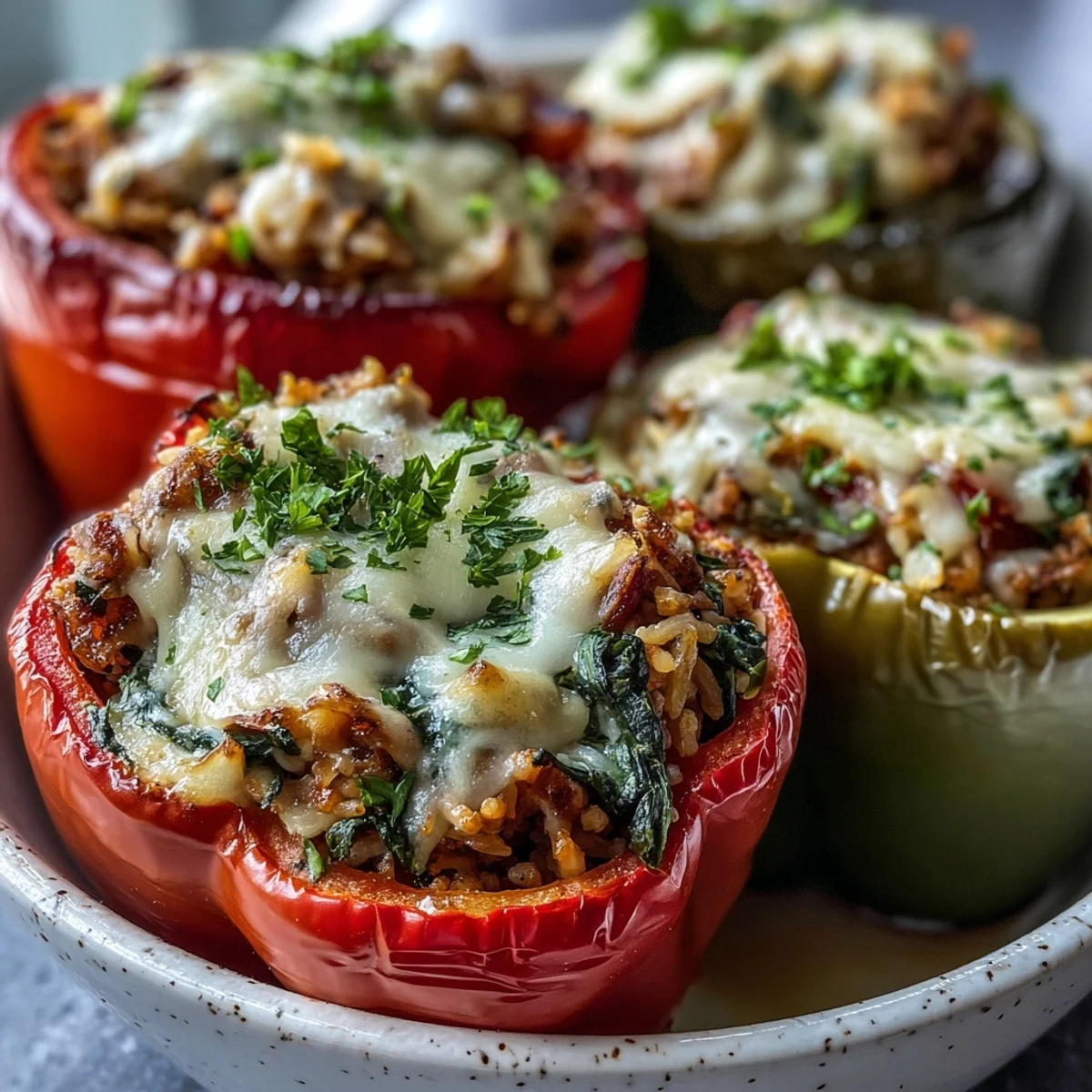 Baked red bell peppers filled with savory ground turkey, zucchini, and brown rice.