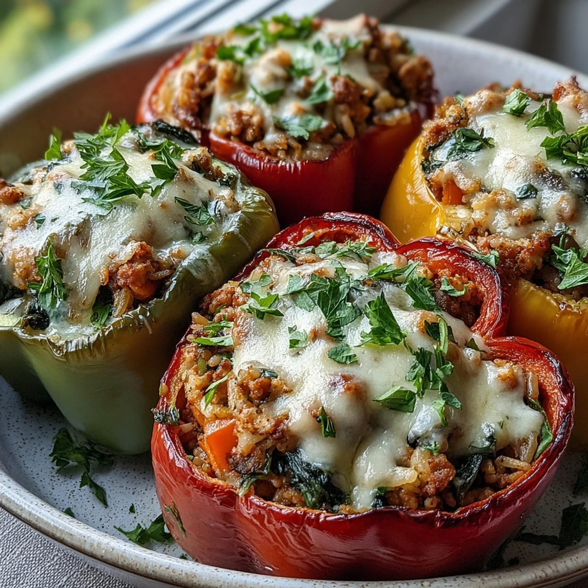 Golden-brown, cheese-topped Turkey and Veggie Stuffed Bell Peppers fresh from the oven.