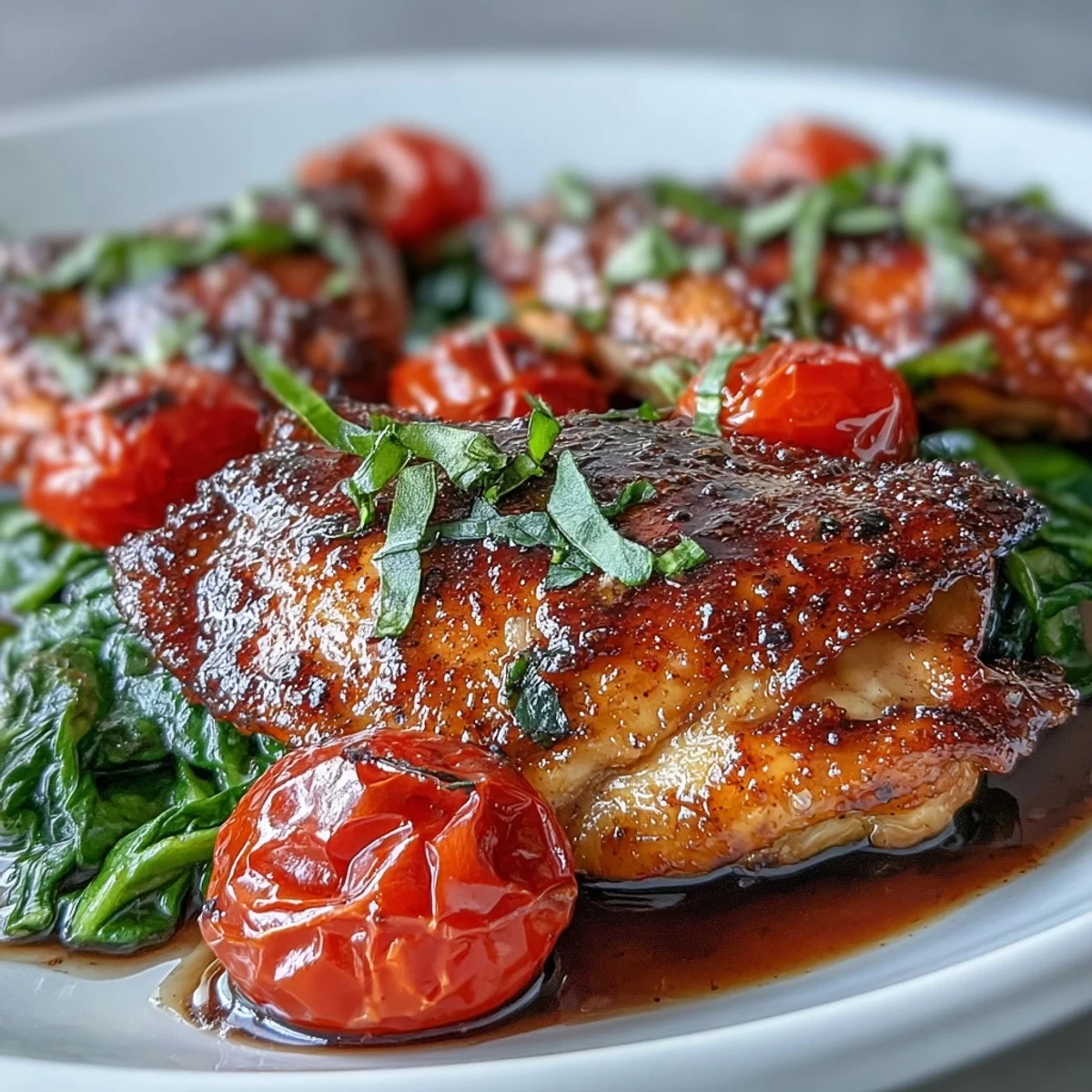 Tender One-Pan Balsamic Chicken with Tomatoes and Spinach garnished with fresh basil, served hot over steamed rice for a wholesome dinner.