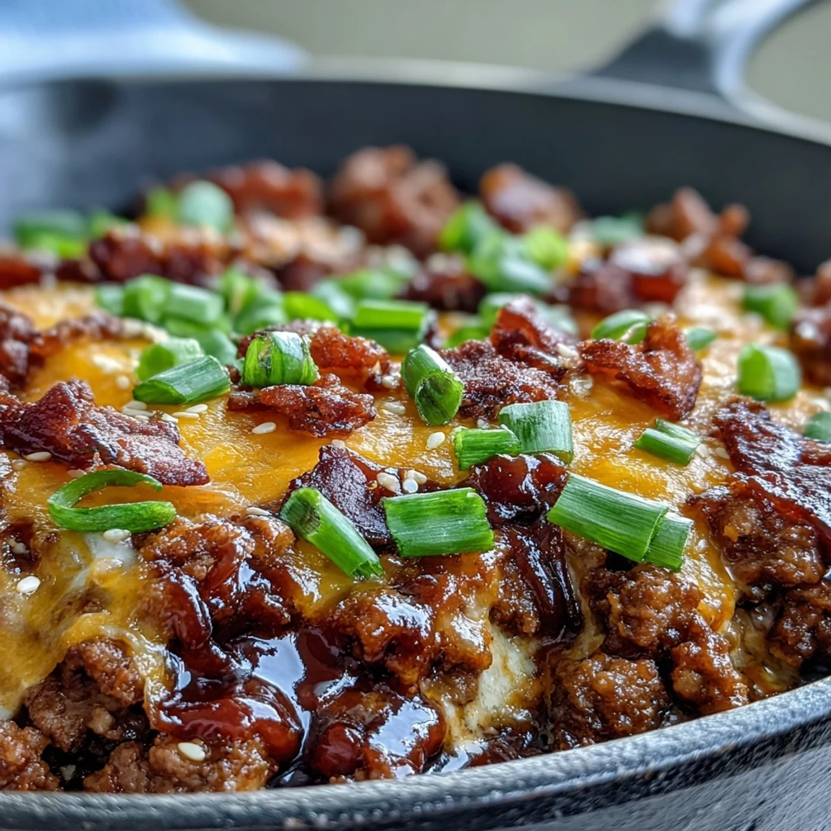 Forkful of juicy ground beef and melted cheddar from the Keto BBQ Bacon Cheeseburger Skillet, garnished with pickles.