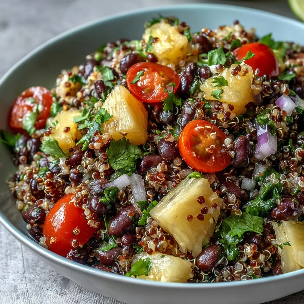 Fresh avocado and diced red bell pepper mixed into a vibrant Tropical Quinoa Salad, drizzled with zesty lime dressing for a refreshing lunch.